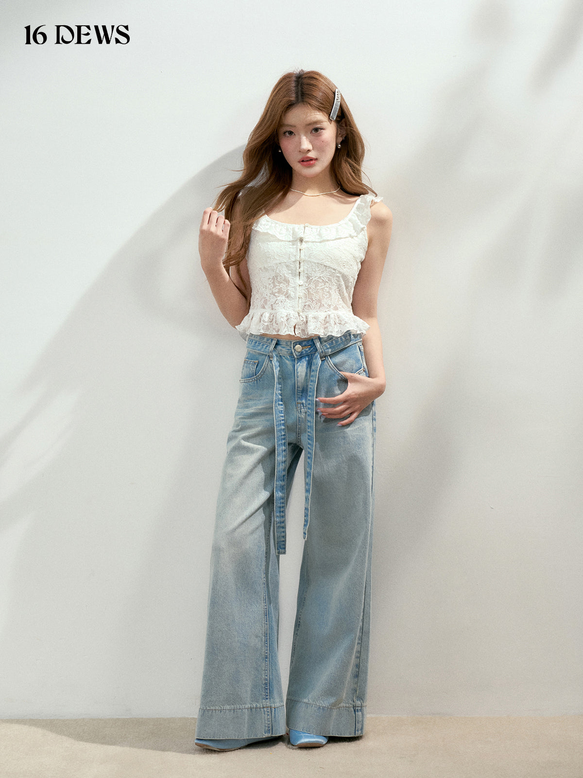 16DEWS 16D25149 High waisted lace up denim wide leg pants