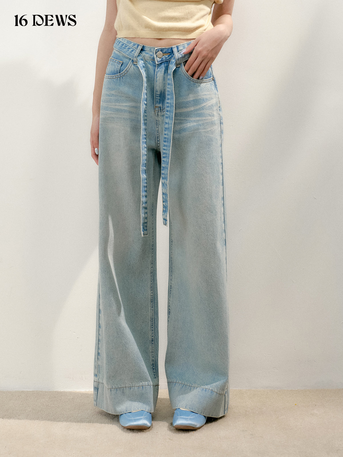 16DEWS 16D25149 High waisted lace up denim wide leg pants