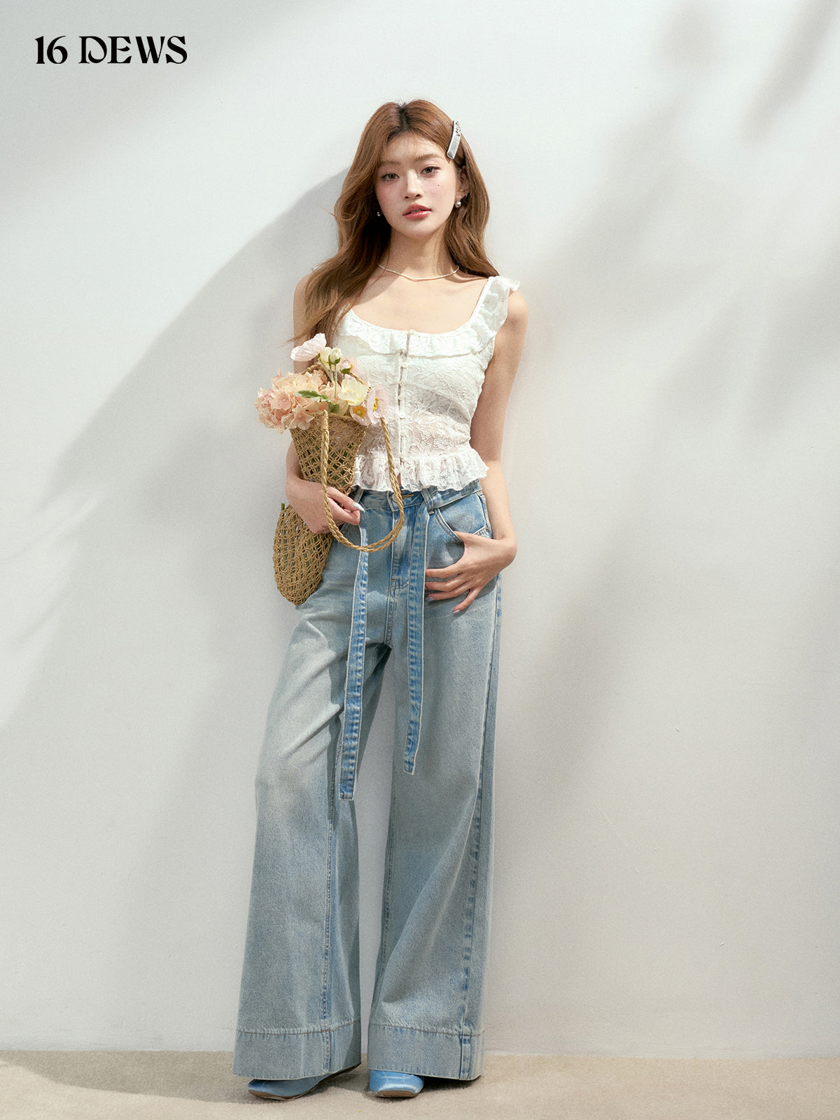 16DEWS 16D25149 High waisted lace up denim wide leg pants