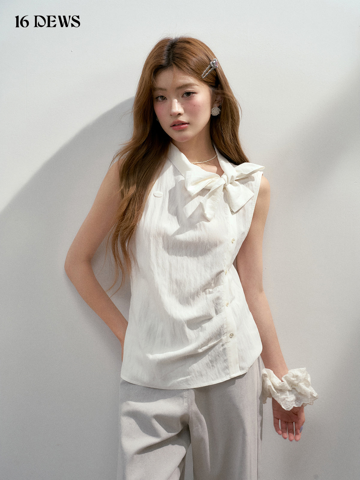 16DEWS 16D25157 Bow pleated sleeveless vest (2color)