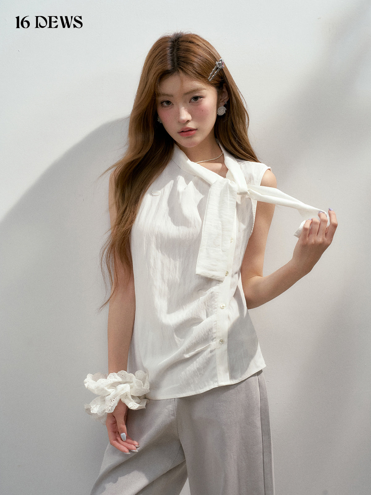 16DEWS 16D25157 Bow pleated sleeveless vest (2color)