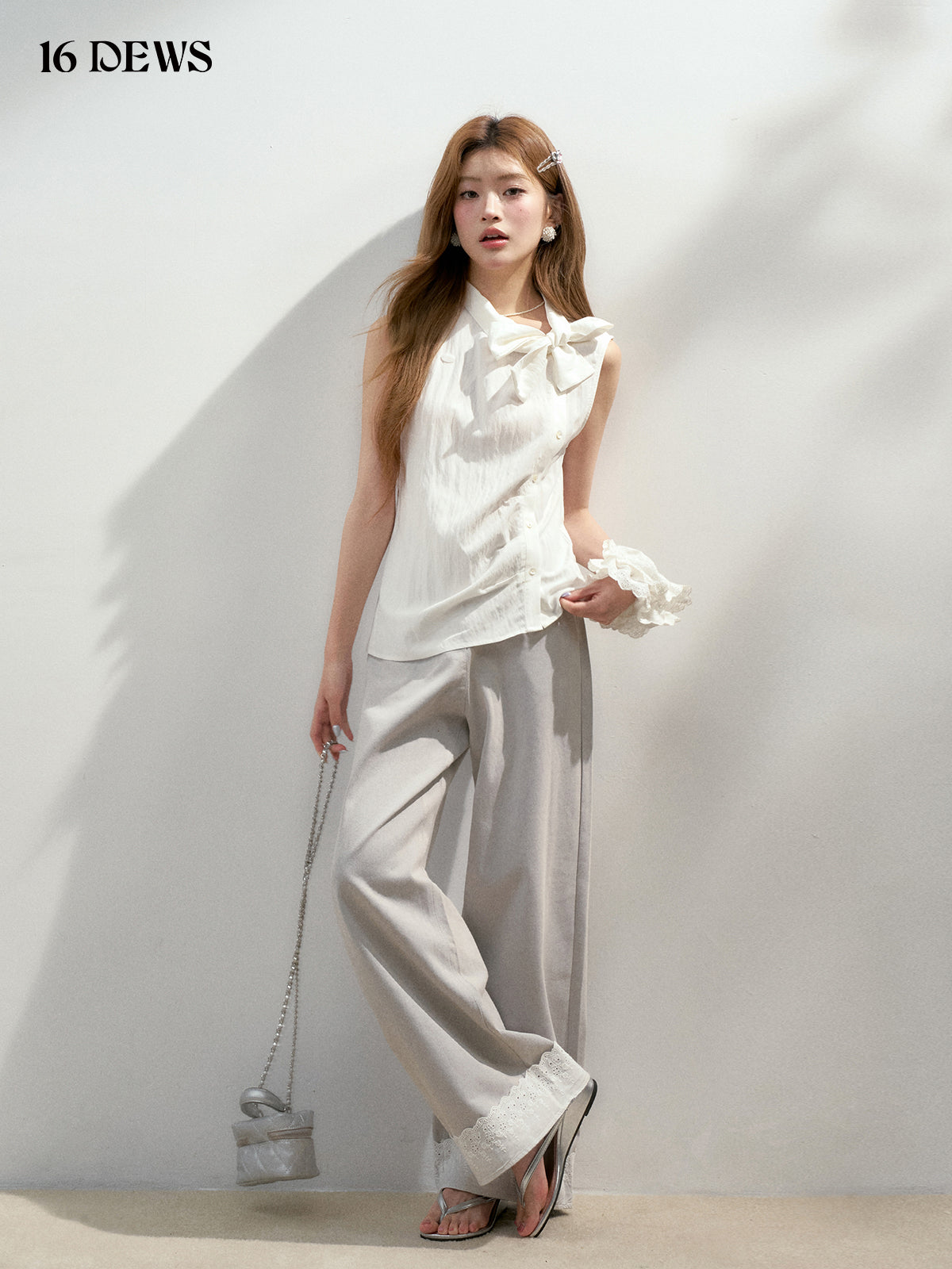16DEWS 16D25157 Bow pleated sleeveless vest (2color)