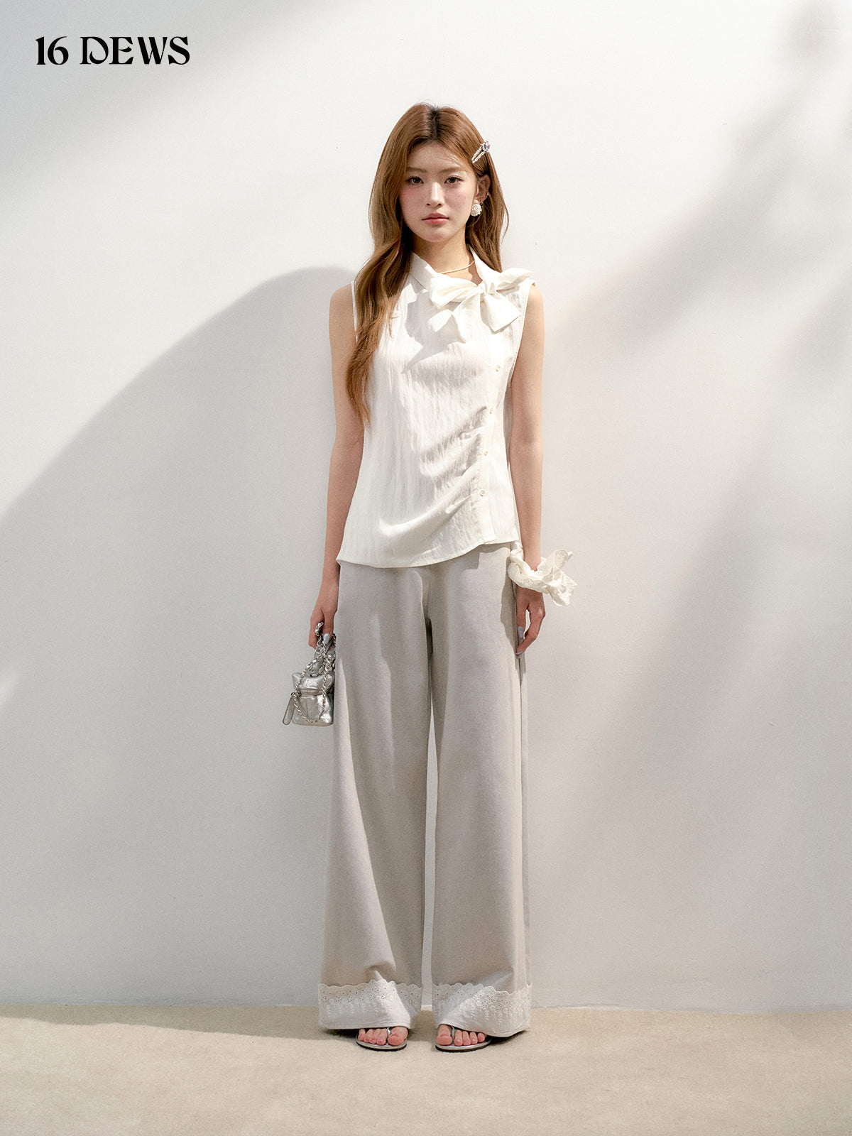 16DEWS 16D25157 Bow pleated sleeveless vest (2color)
