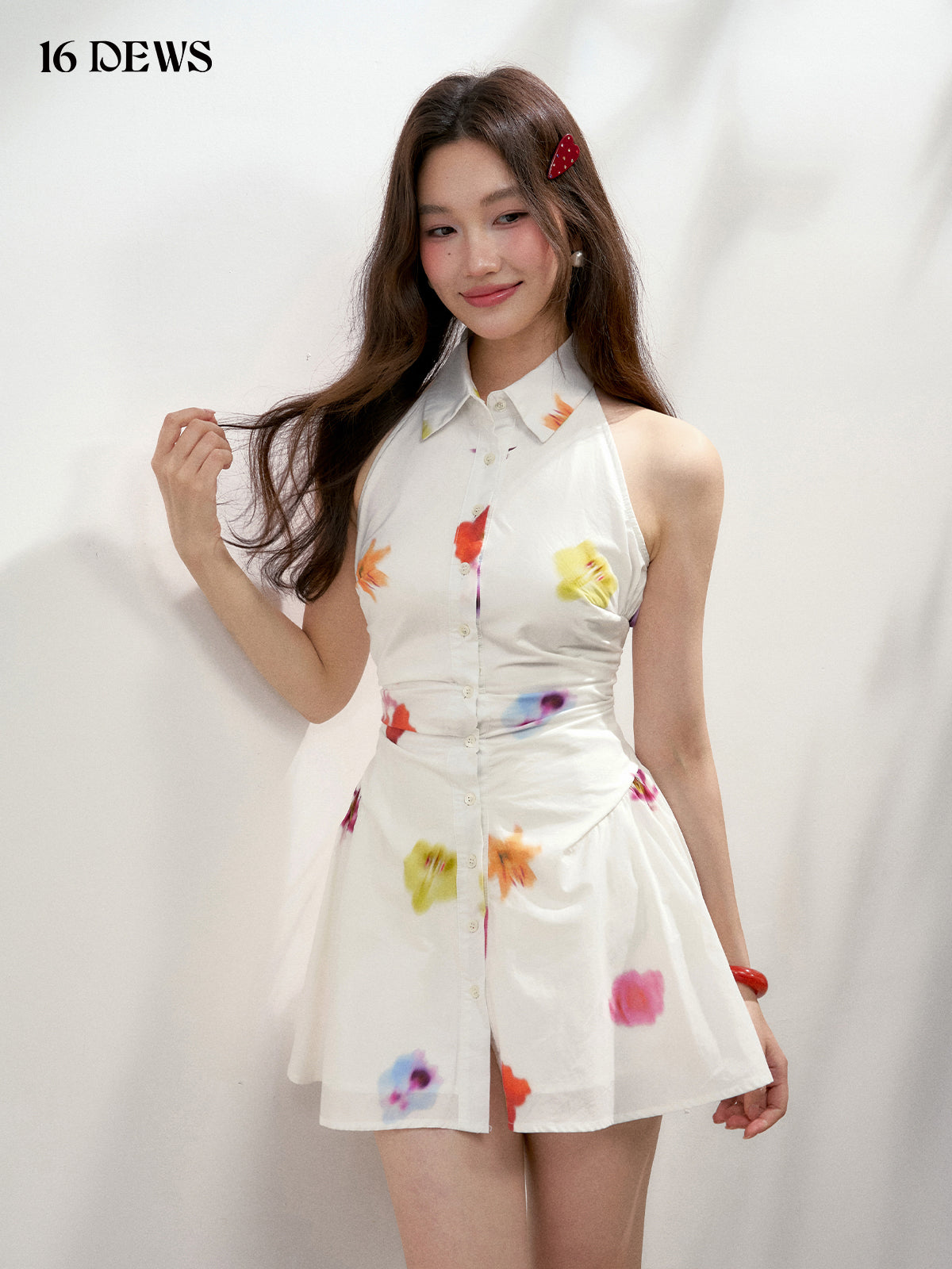 16DEWS 16D25187 Halter neck sleeveless waist cinching dress