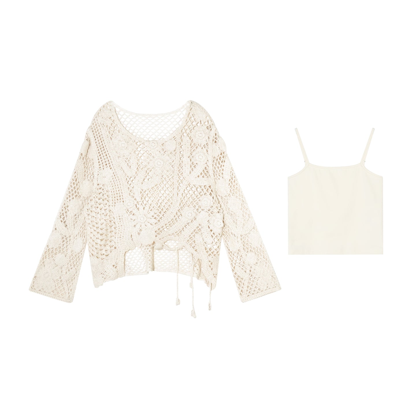 16DEWS 16D25287&16D2528 Knitted hollow jacquard pullover (with camisole) + Brown denim cropped pants