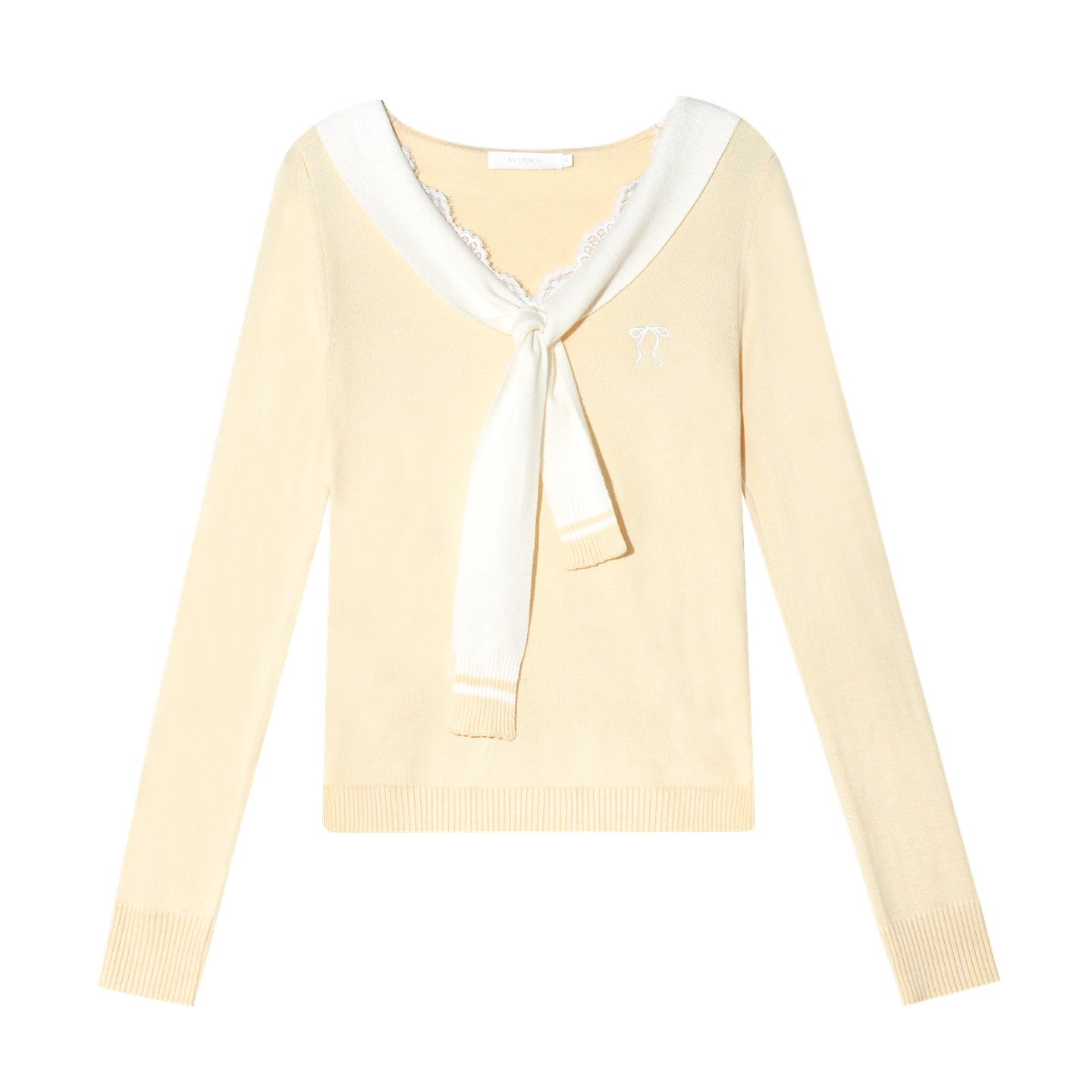 16DEWS 16D25293 Cream yellow lace patchwork long sleeved knitted sweater