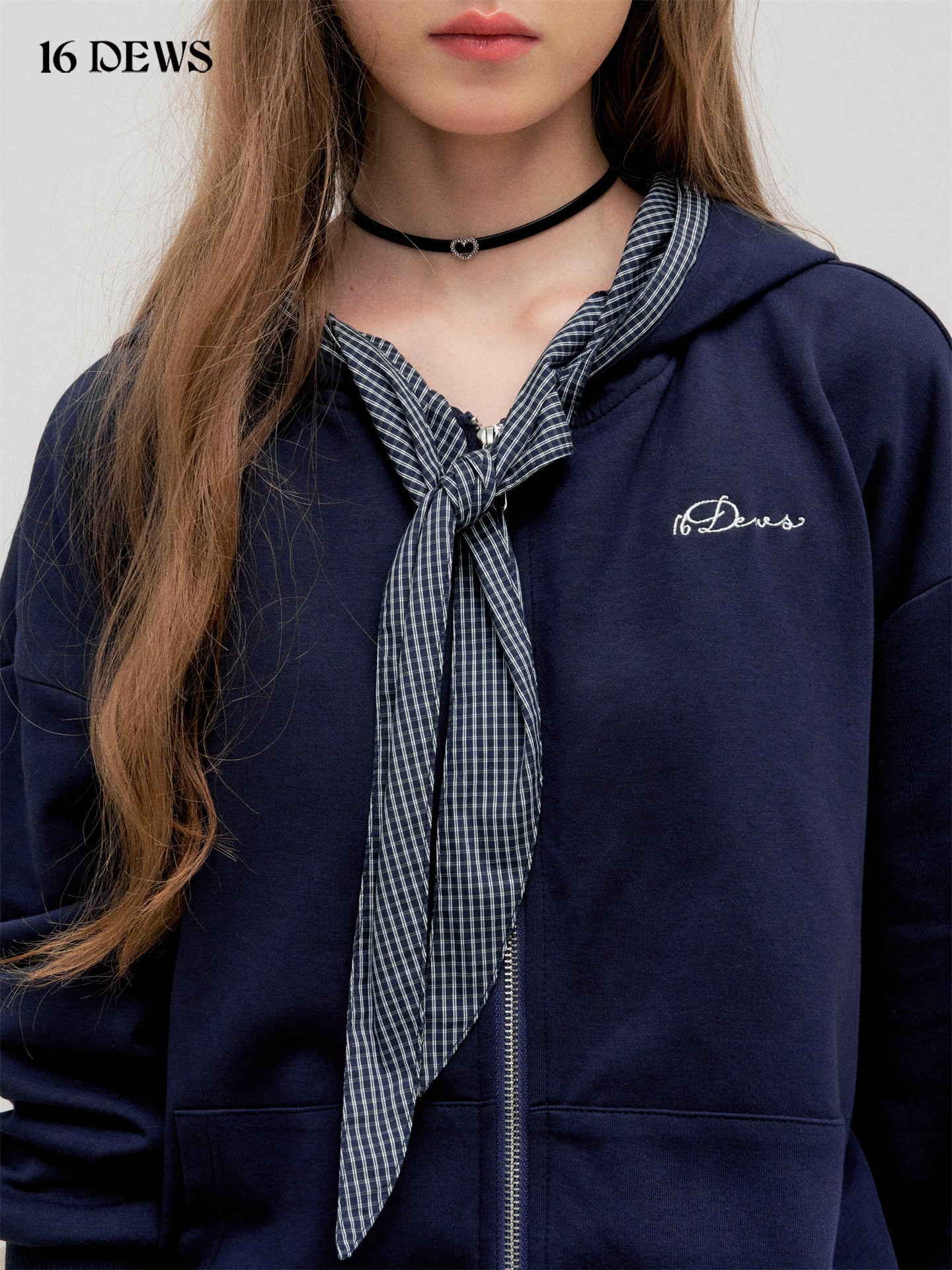16DEWS 16D25300 Plaid patchwork hooded zipper sweatshirt