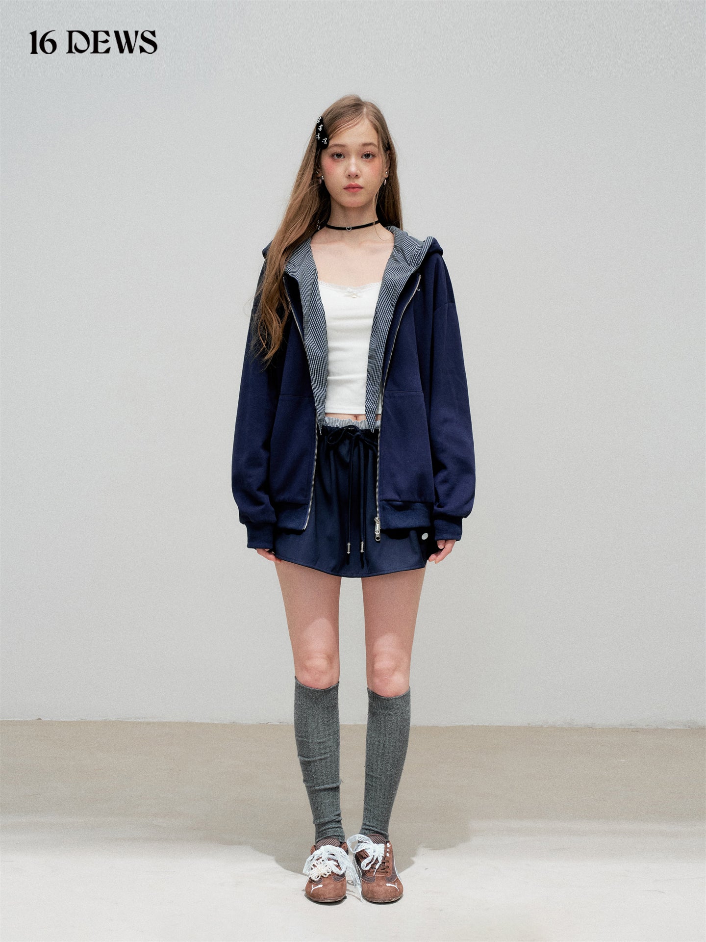 16DEWS 16D25300 Plaid patchwork hooded zipper sweatshirt