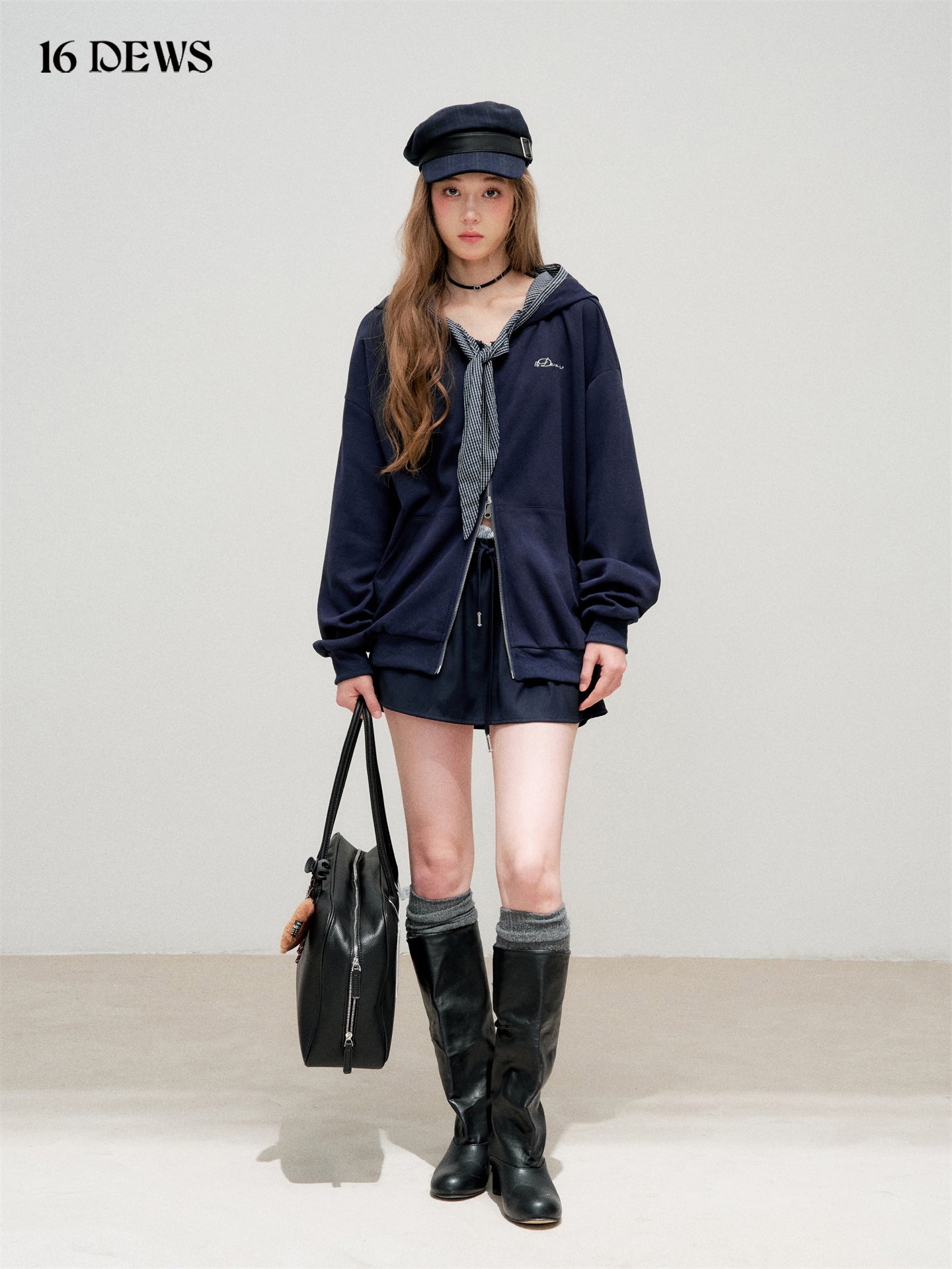 16DEWS 16D25300 Plaid patchwork hooded zipper sweatshirt