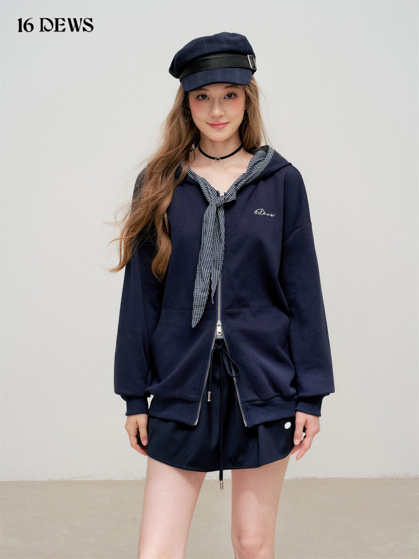 16DEWS 16D25300 Plaid patchwork hooded zipper sweatshirt