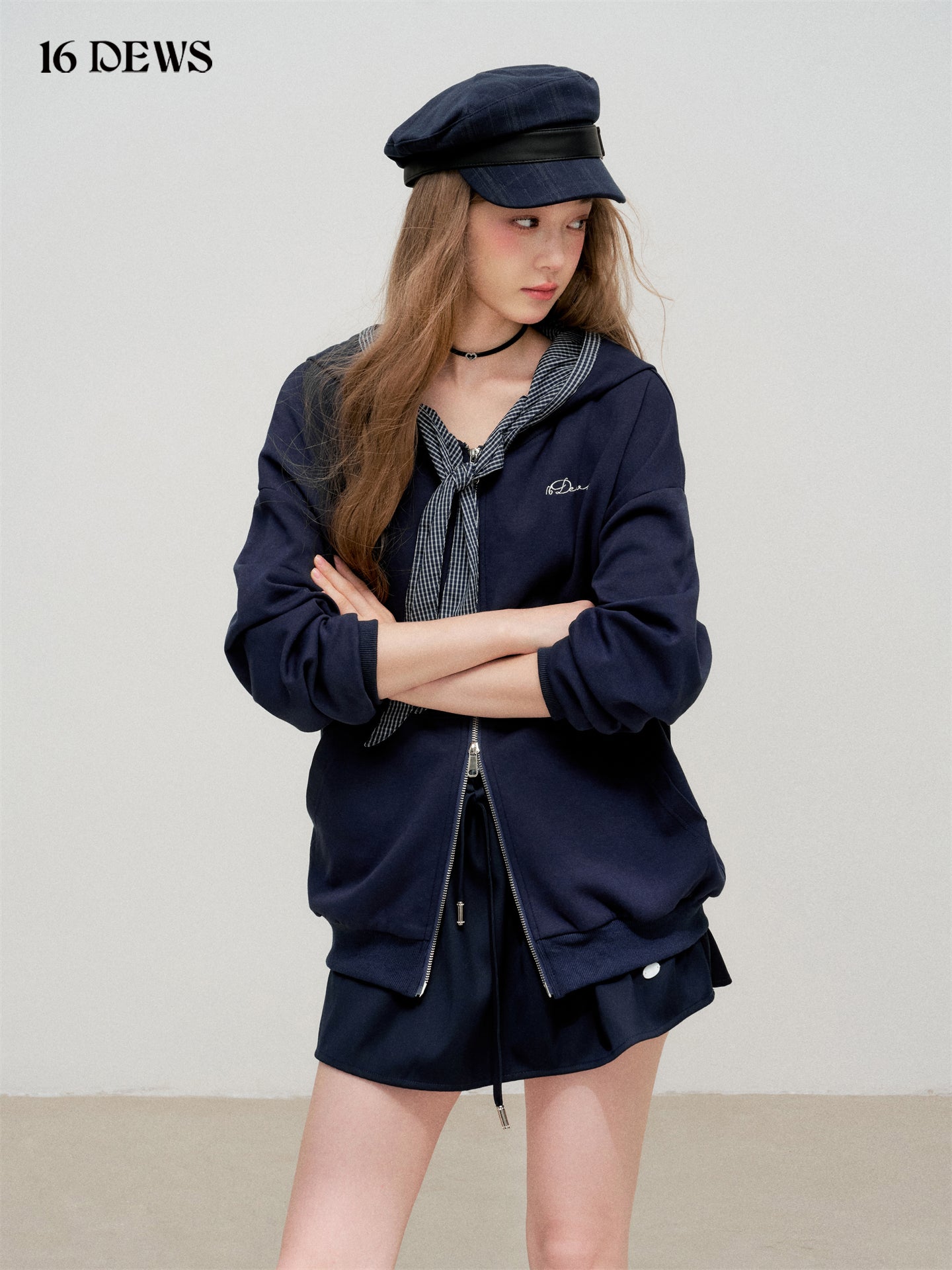 16DEWS 16D25300 Plaid patchwork hooded zipper sweatshirt