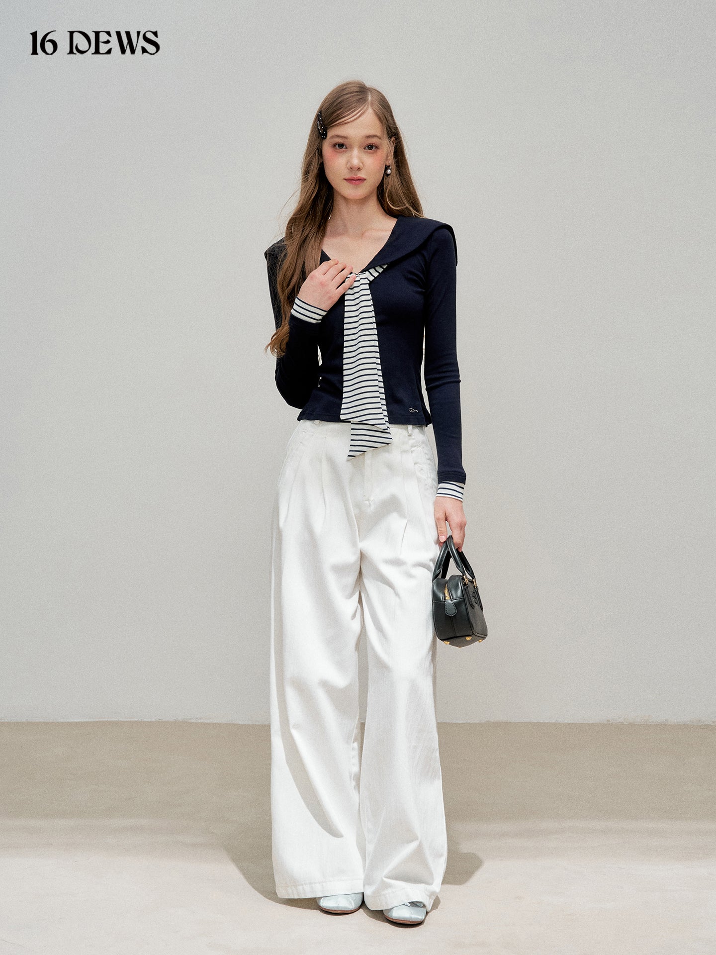 16DEWS 16D25301 Retro navy collar striped patchwork top
