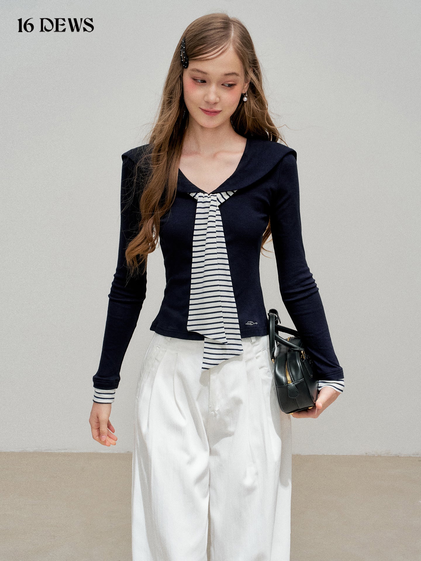 16DEWS 16D25301 Retro navy collar striped patchwork top