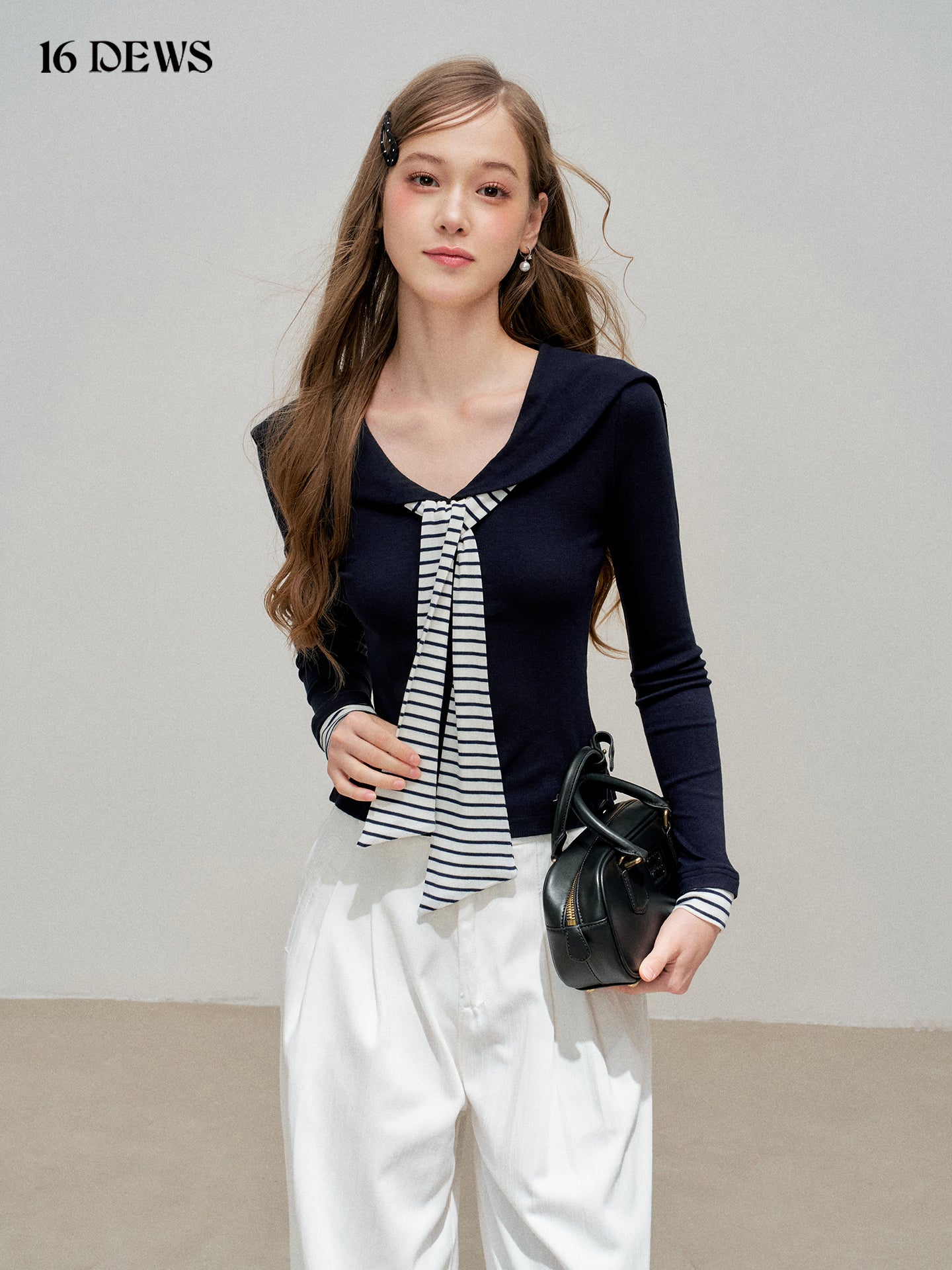 16DEWS 16D25301 Retro navy collar striped patchwork top