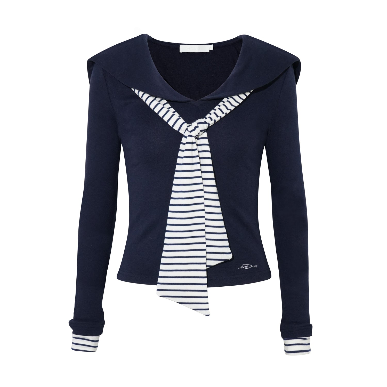 16DEWS 16D25301 Retro navy collar striped patchwork top