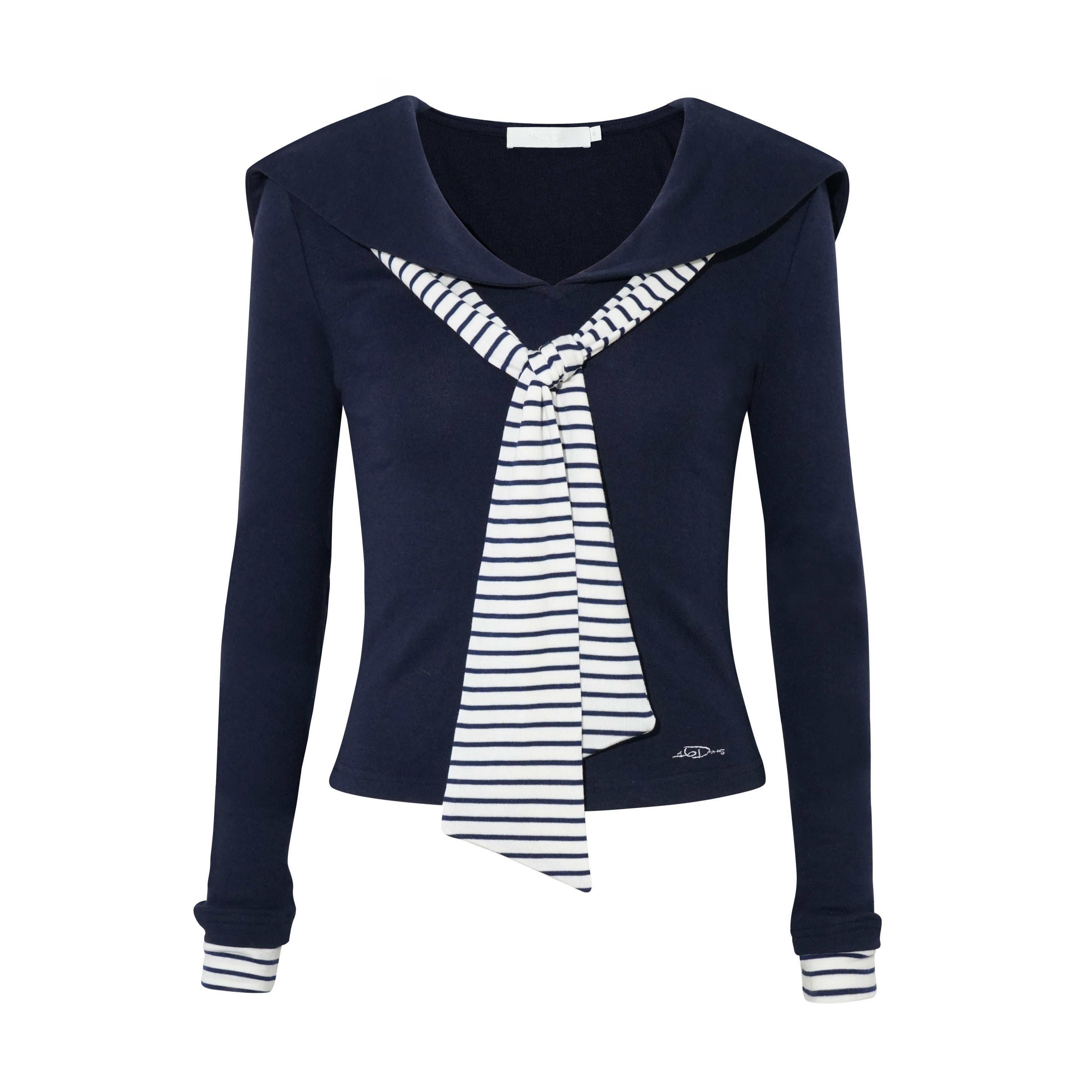 16DEWS 16D25301 Retro navy collar striped patchwork top