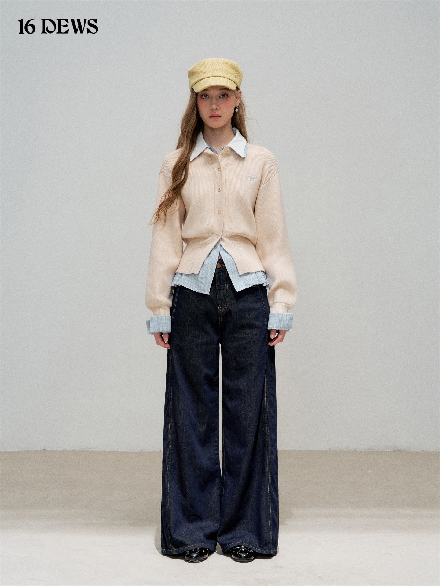 16DEWS 16D25306 Fake two piece shirt collar knitted top