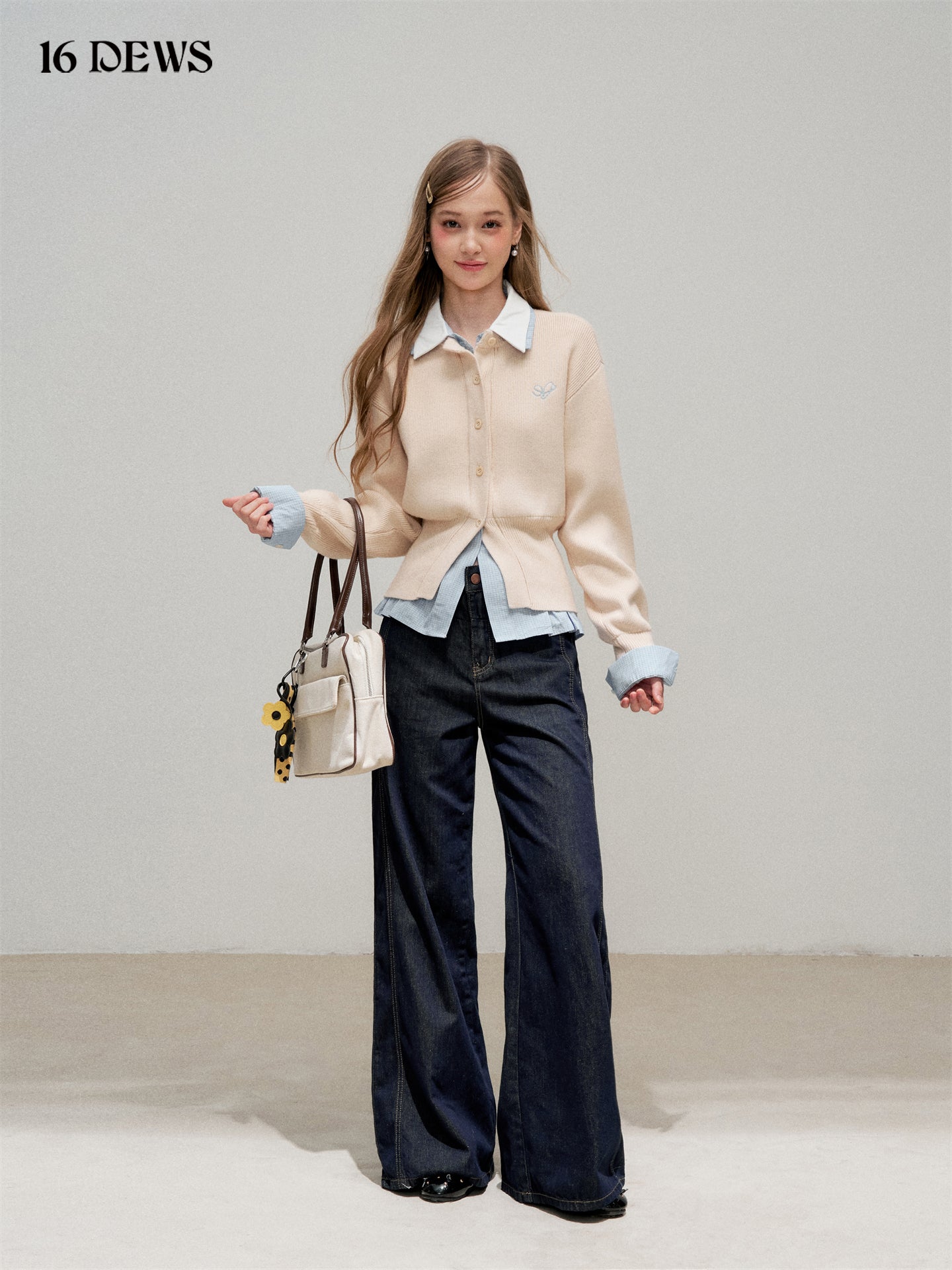 16DEWS 16D25306 Fake two piece shirt collar knitted top