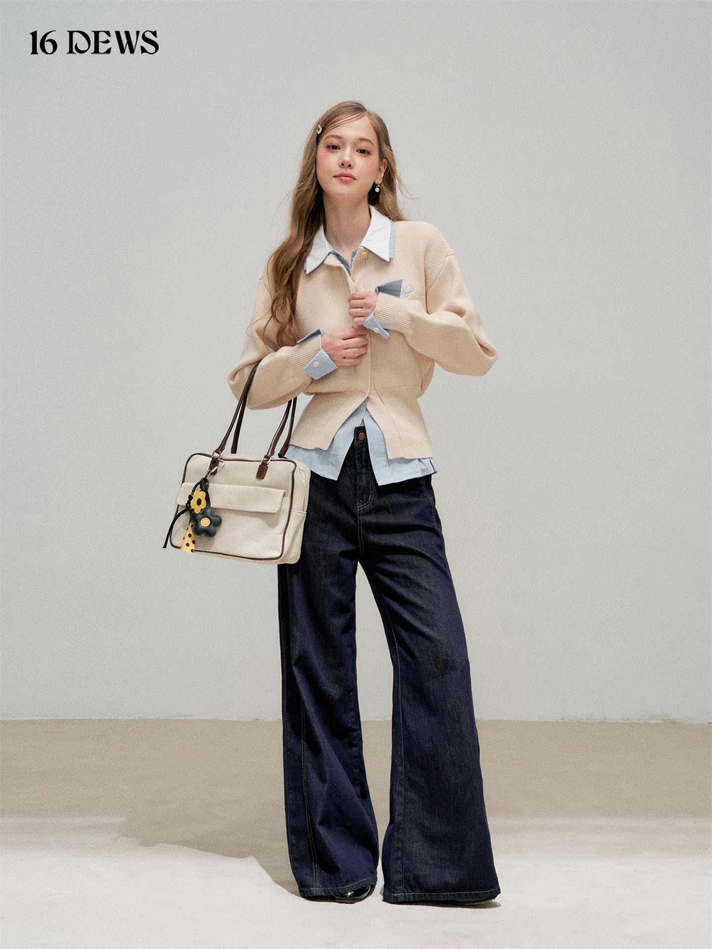 16DEWS 16D25306 Fake two piece shirt collar knitted top