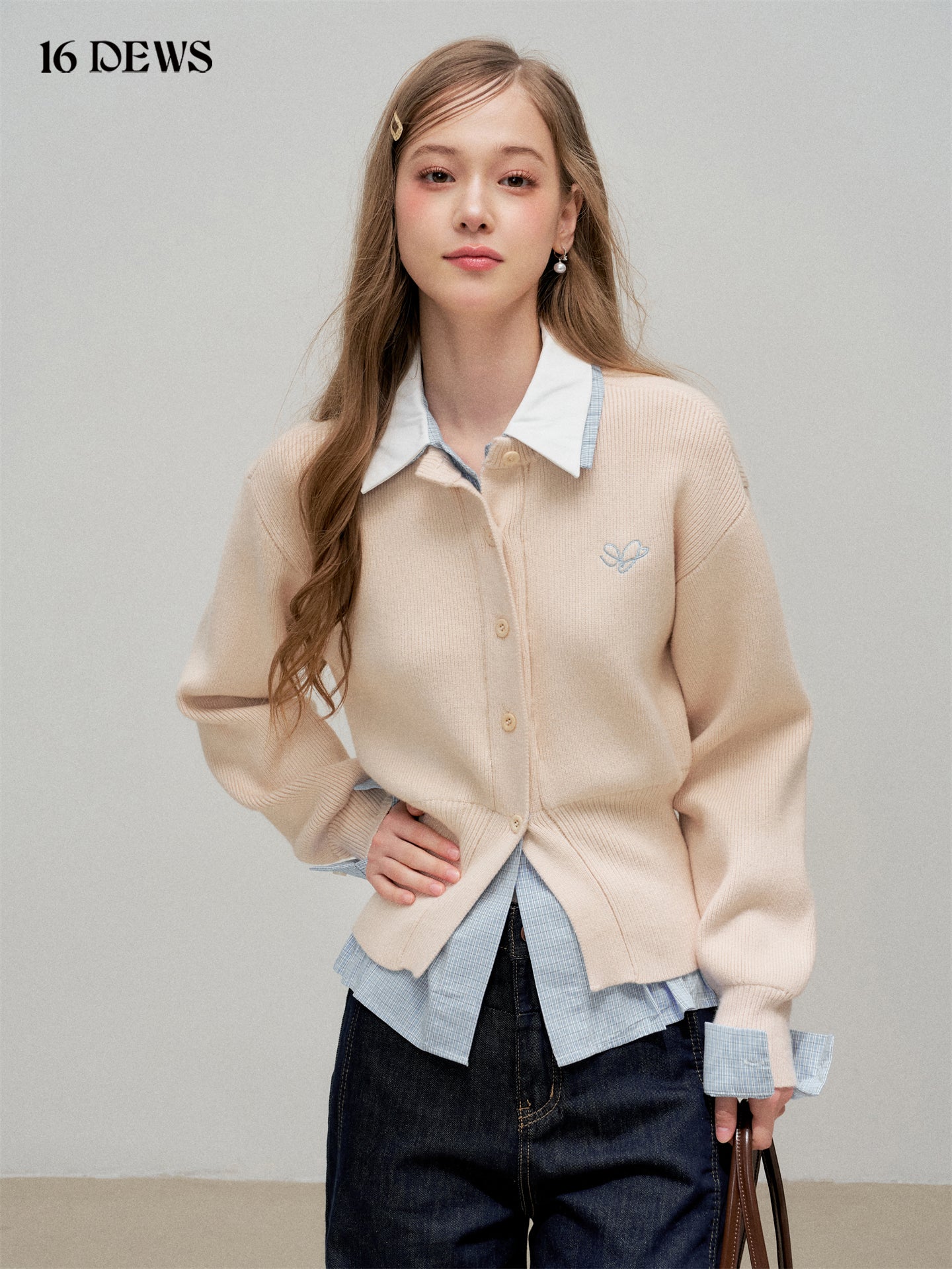 16DEWS 16D25306 Fake two piece shirt collar knitted top