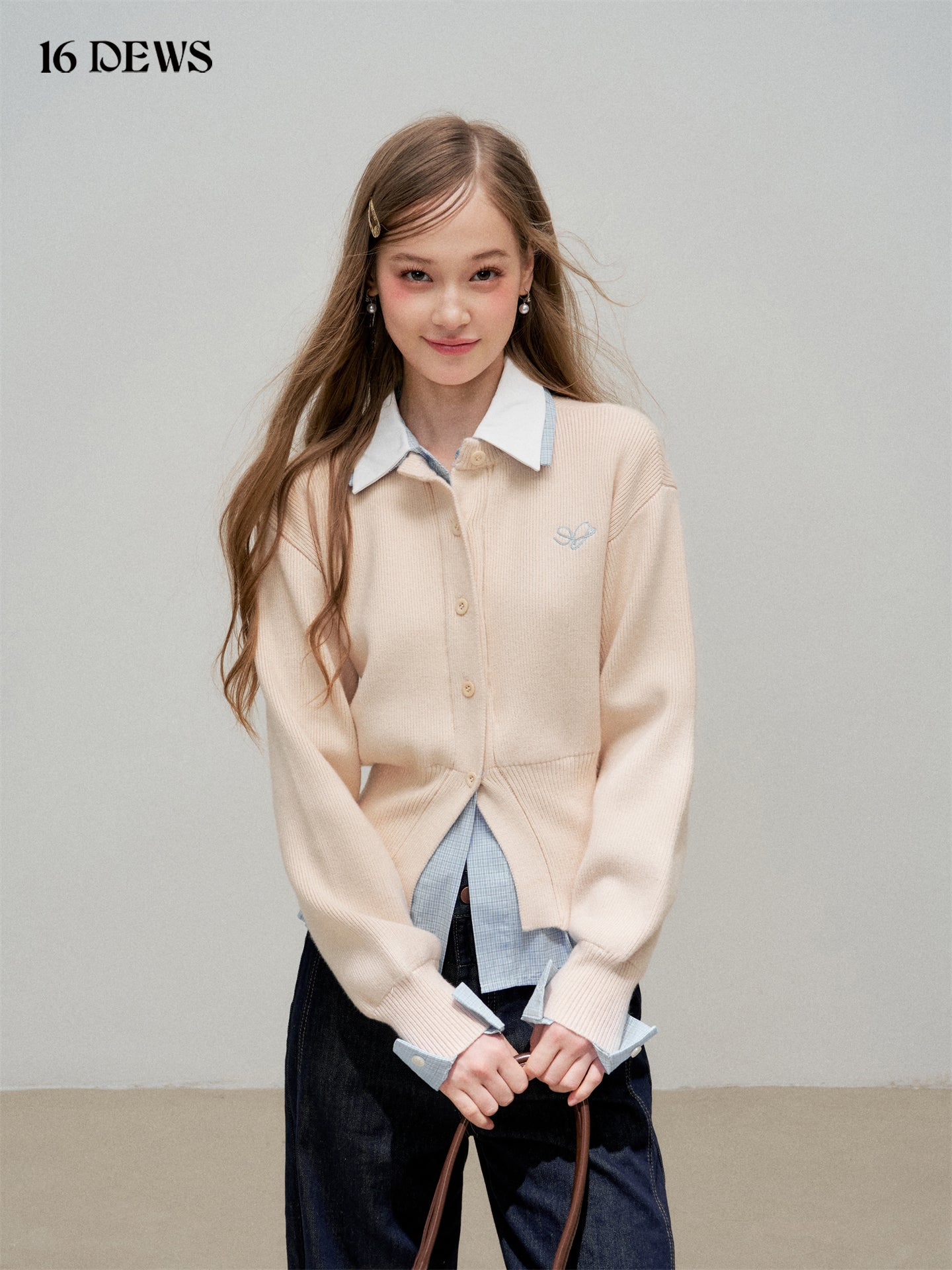 16DEWS 16D25306 Fake two piece shirt collar knitted top