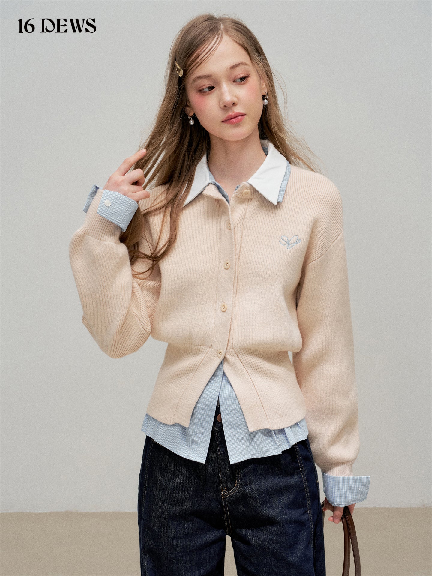 16DEWS 16D25306 Fake two piece shirt collar knitted top