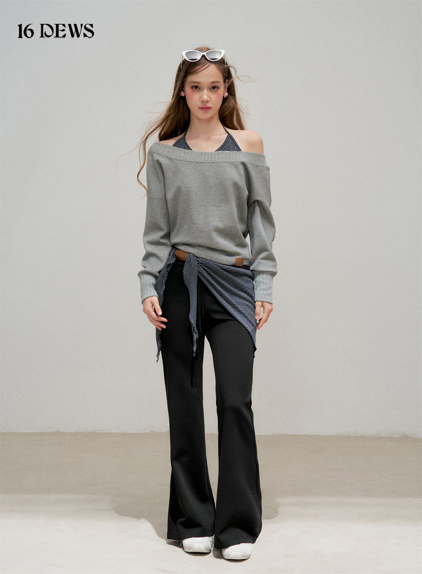 16DEWS 16D25307&16D25308 Fake two-piece spliced striped neck hanging top + pants set