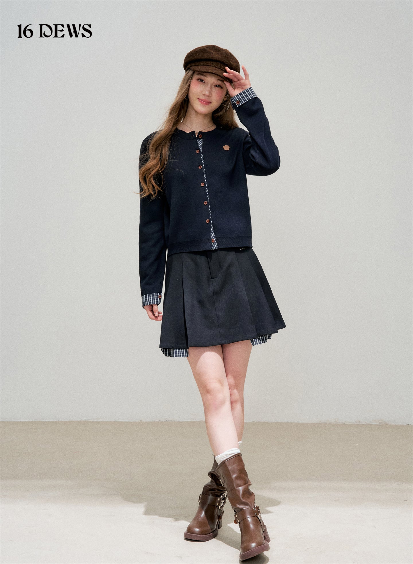 16DEWS 16D25314&16D25315 Plaid patchwork round neck cardigan + skirt set