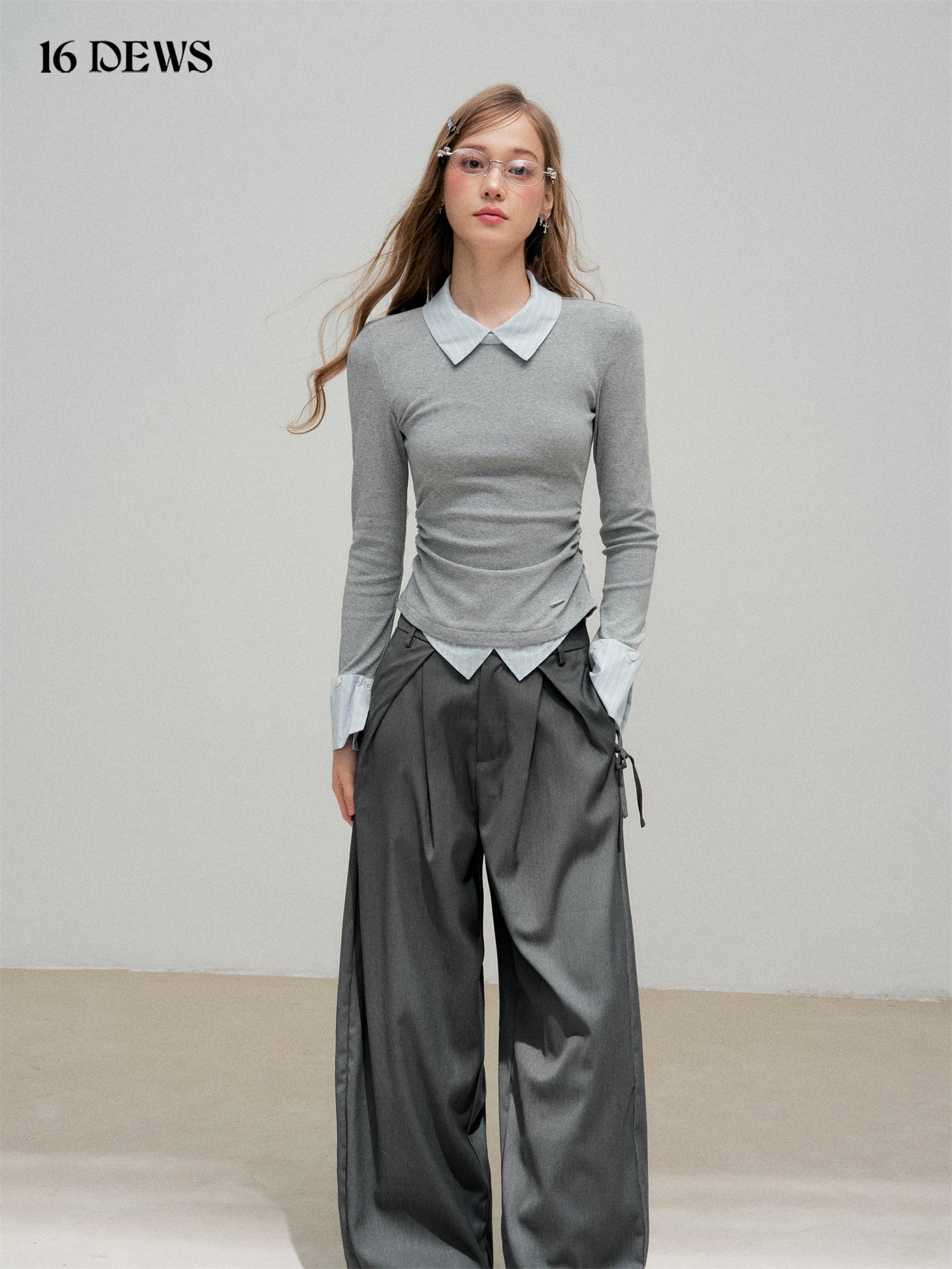 16DEWS 16D25323 Fake two-piece spliced striped top