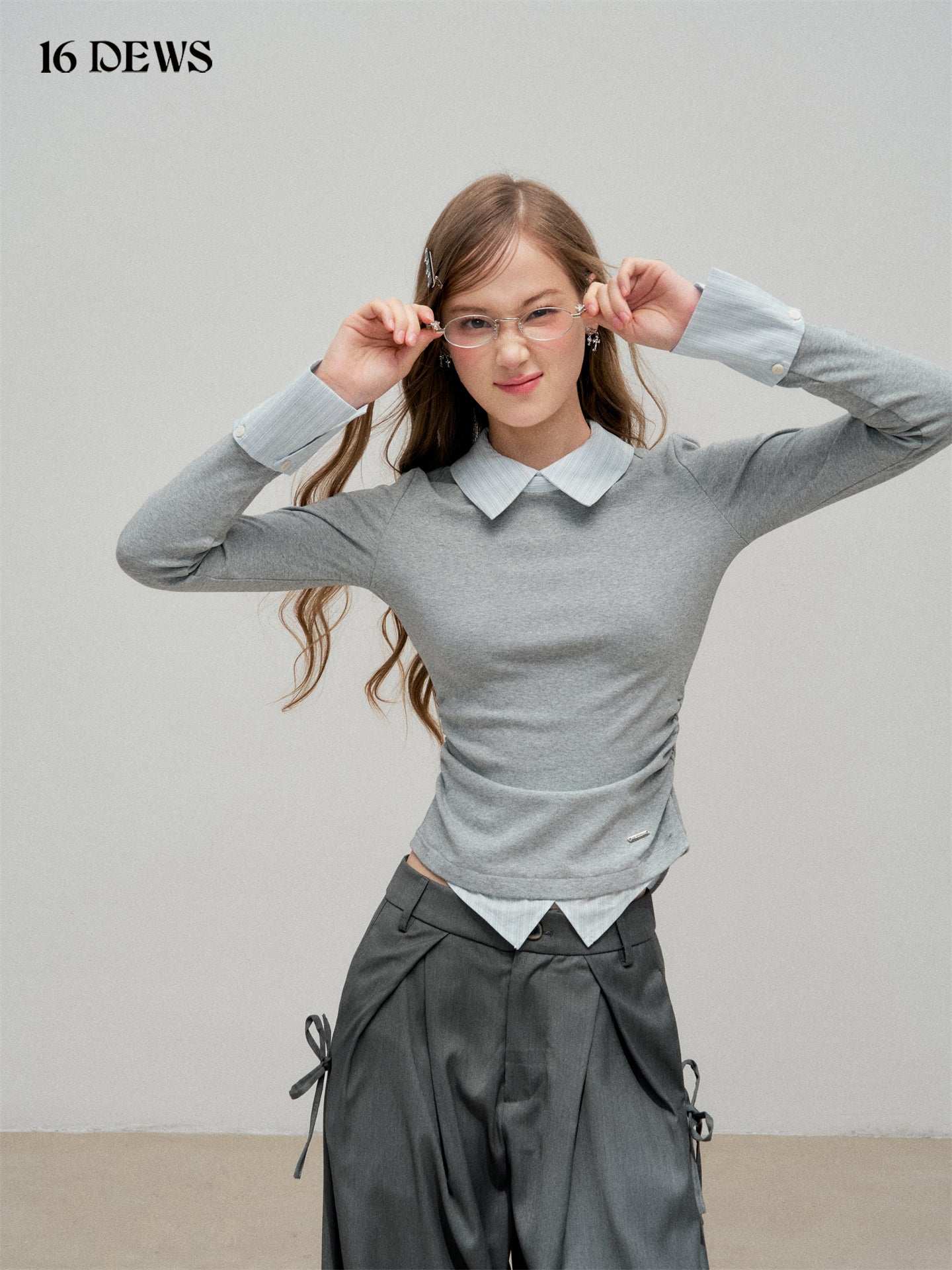 16DEWS 16D25323 Fake two-piece spliced striped top