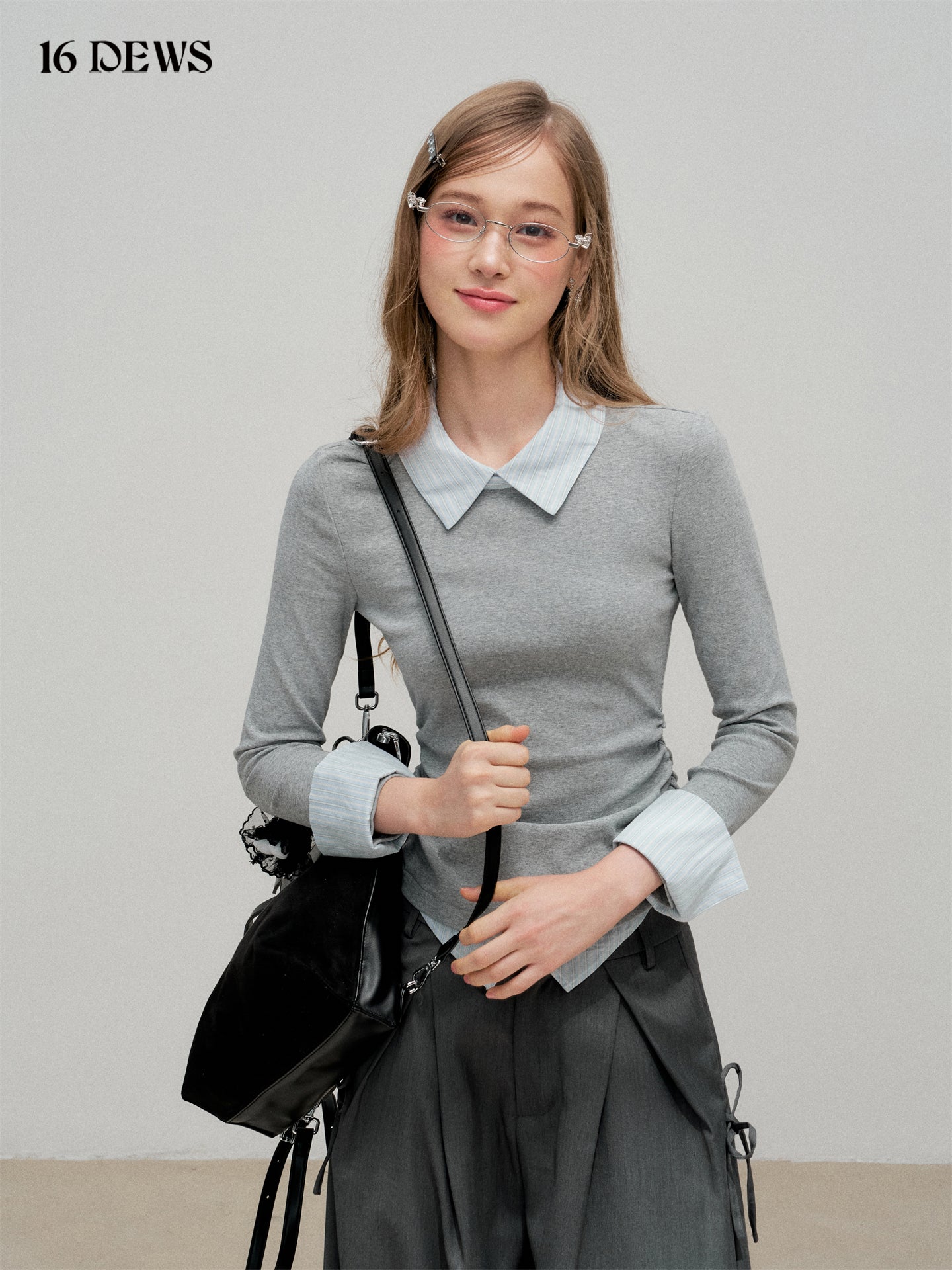 16DEWS 16D25323 Fake two-piece spliced striped top