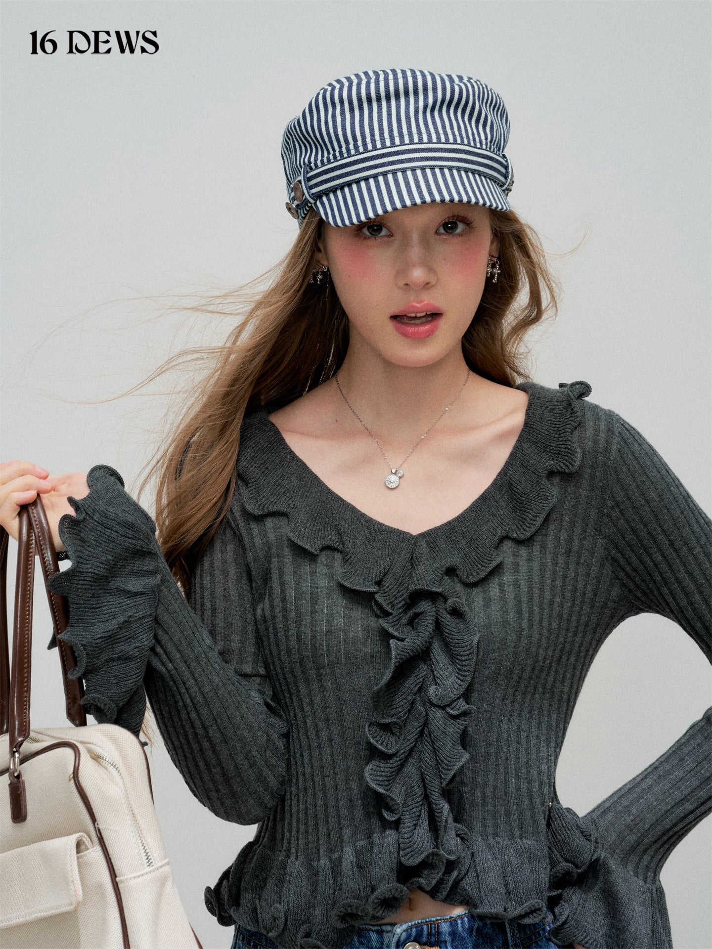 16DEWS 16D25324&16D25325 Ruffle flared sleeves V-neck slim knit top + pants