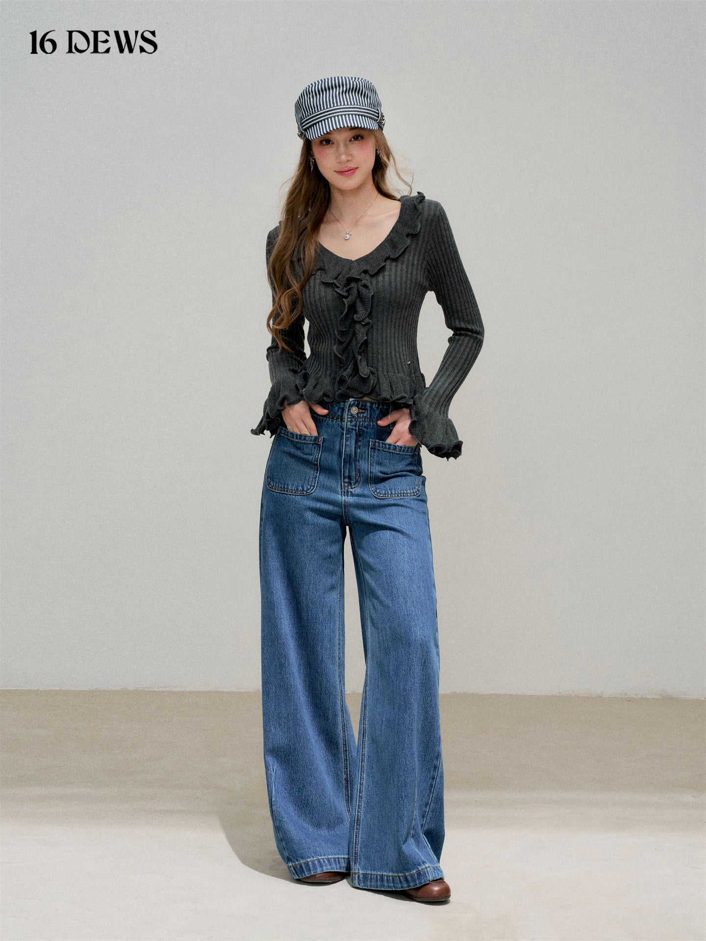 16DEWS 16D25324&16D25325 Ruffle flared sleeves V-neck slim knit top + pants