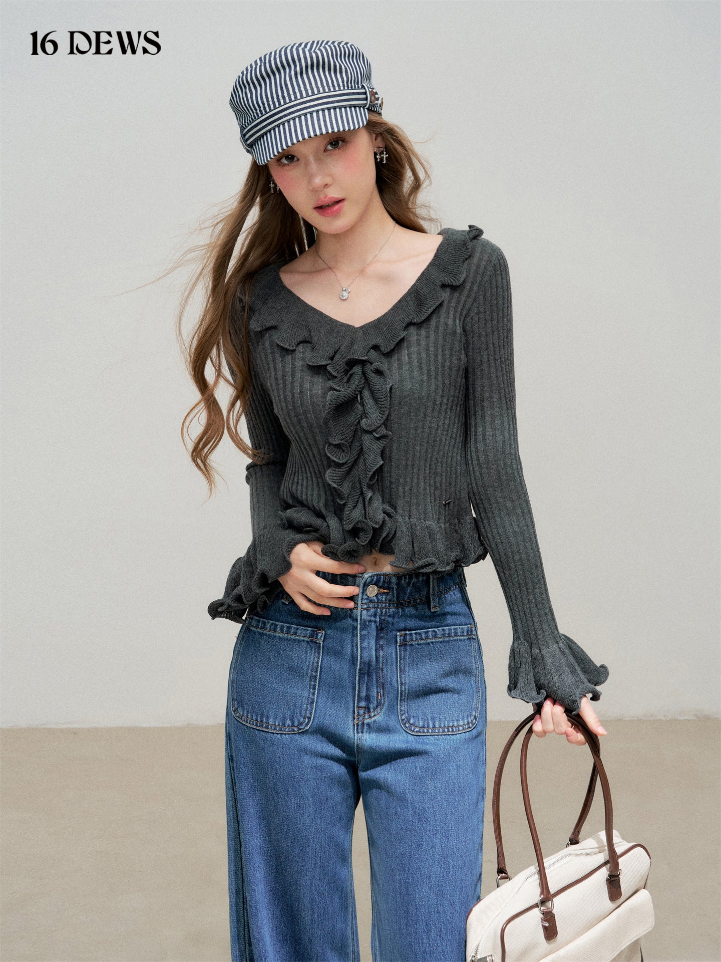 16DEWS 16D25324&16D25325 Ruffle flared sleeves V-neck slim knit top + pants