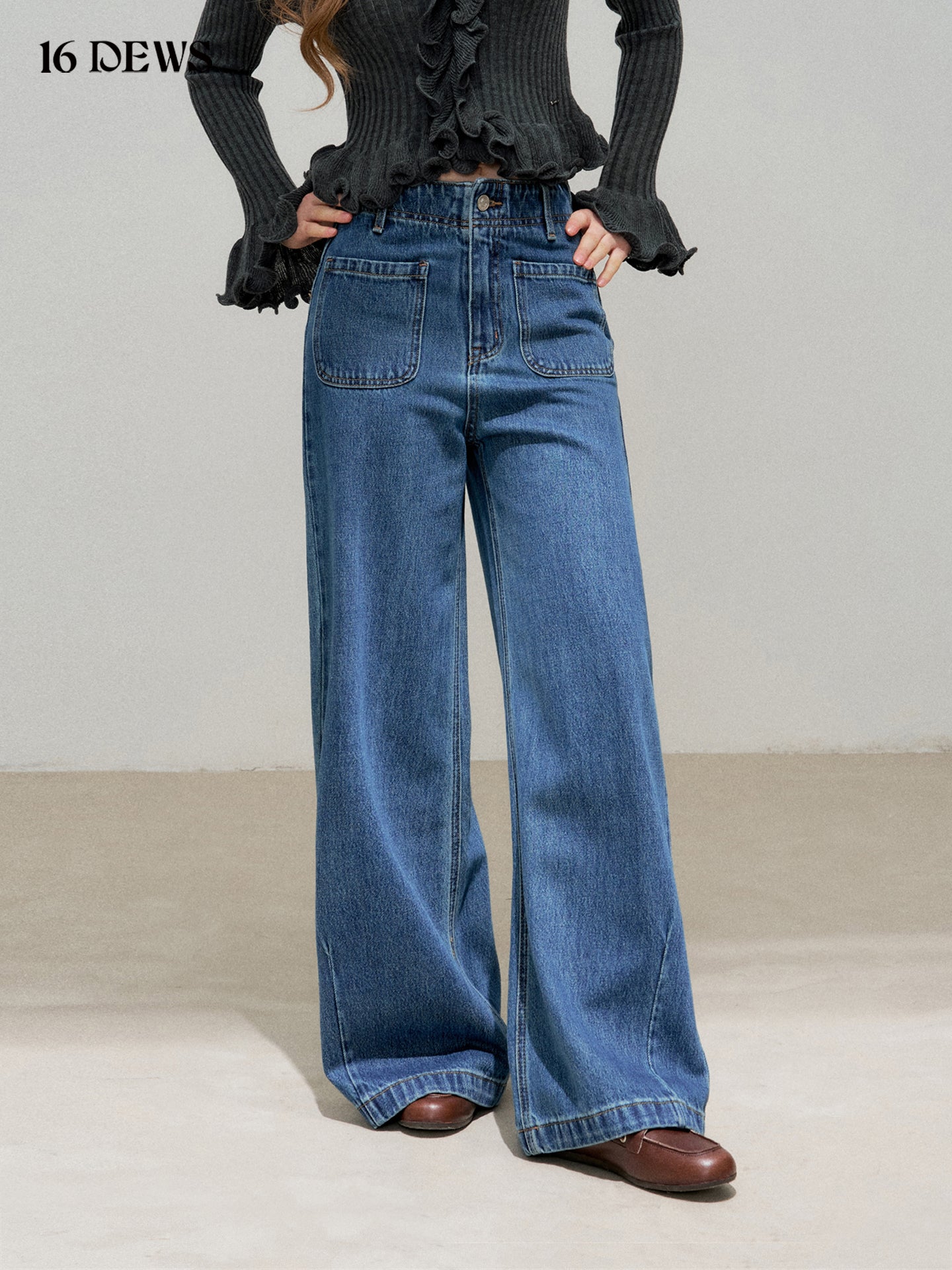16DEWS 16D25324&16D25325 Ruffle flared sleeves V-neck slim knit top + pants