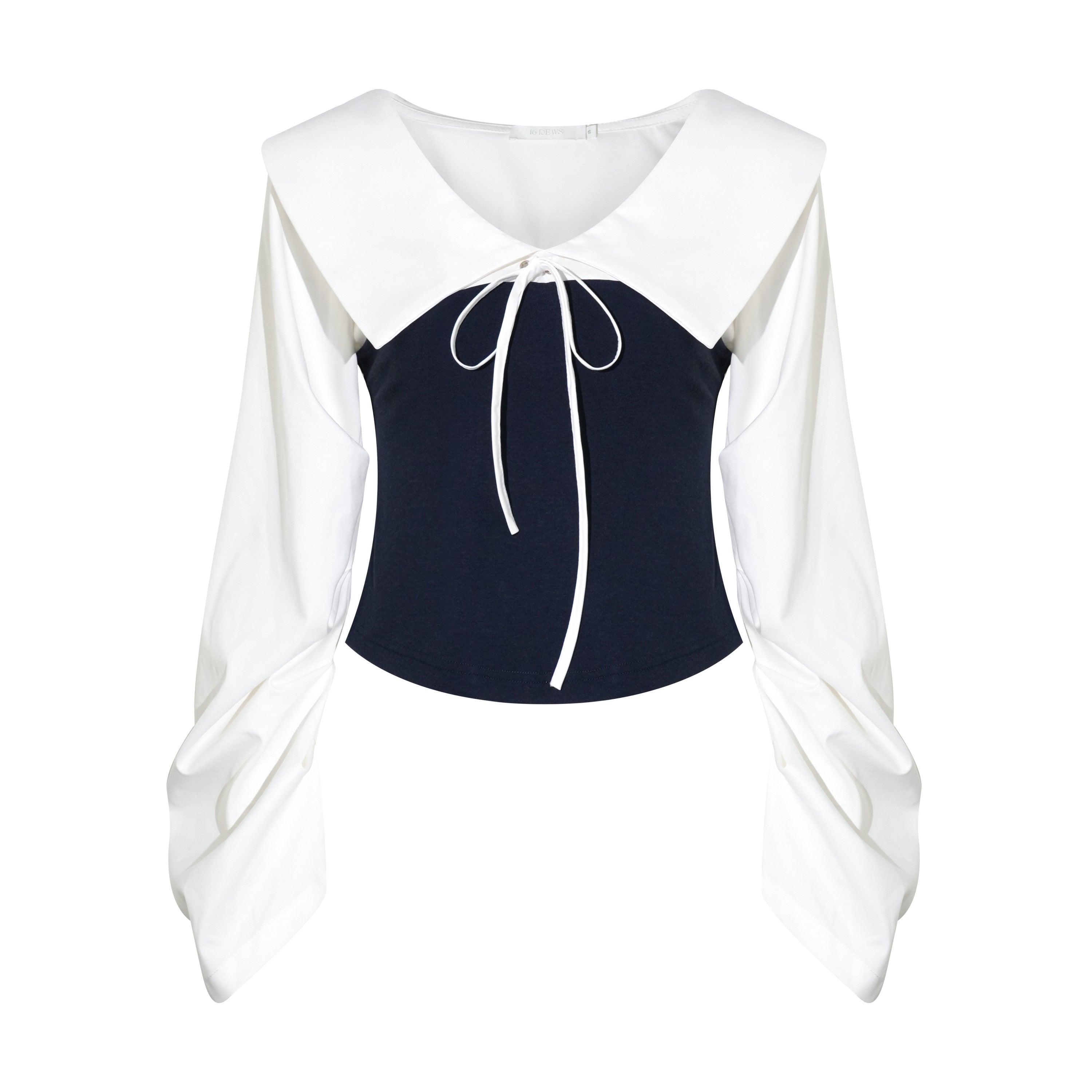 16DEWS 16D25326 Navy collar contrasting color patchwork top