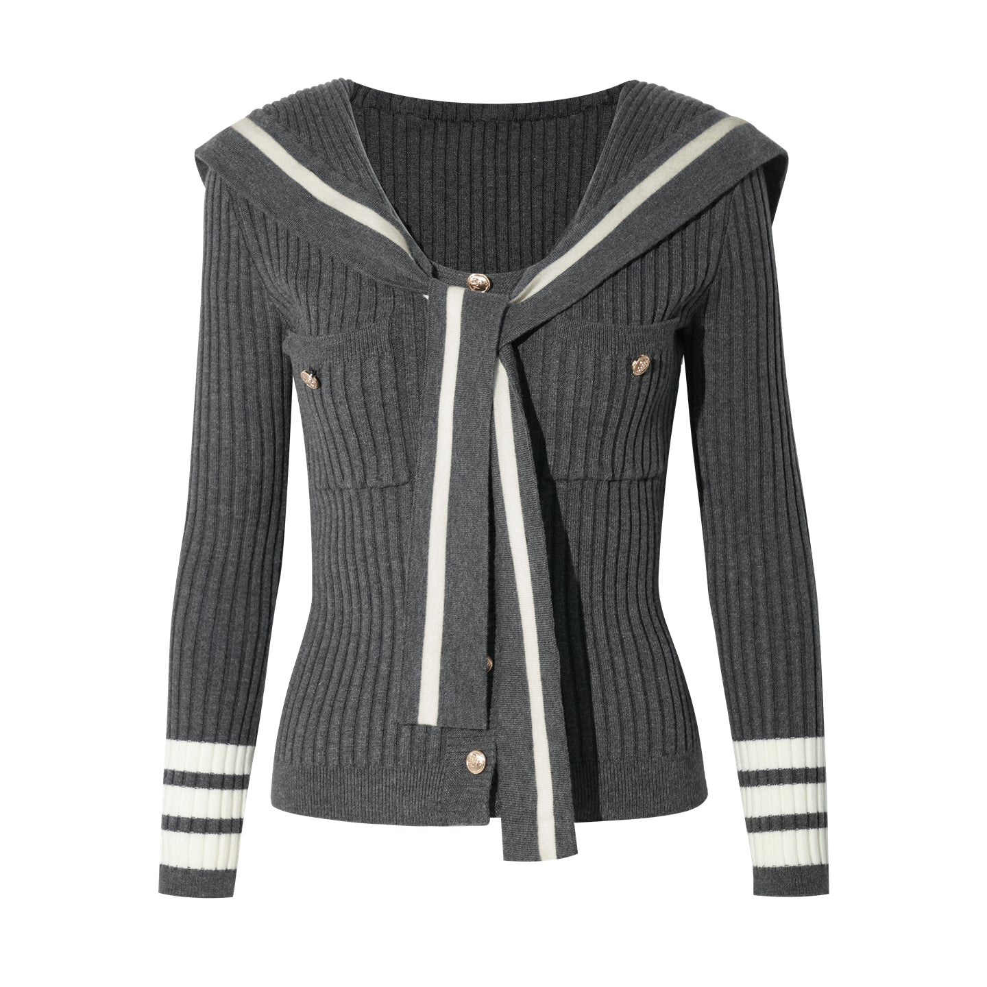 16DEWS 16D25333 Preppy chic navy collar contrasting knit slim fit top