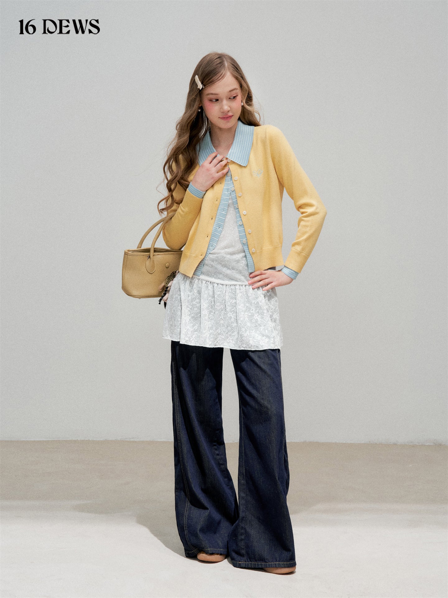 16DEWS 16D25335 Color blocking patchwork lapel fake two-piece knitted top