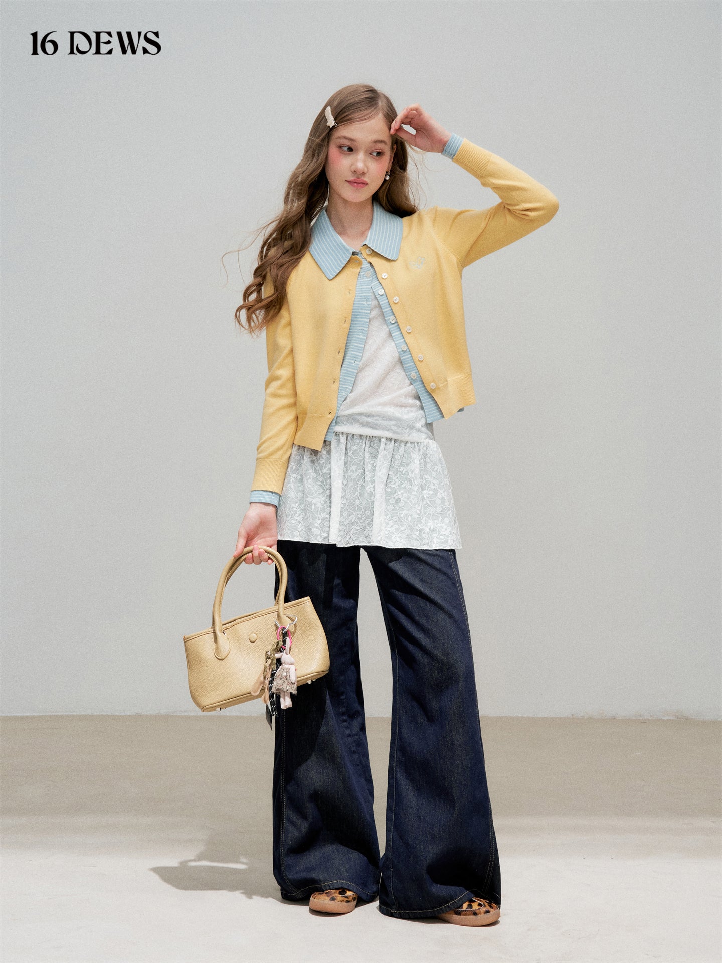 16DEWS 16D25335 Color blocking patchwork lapel fake two-piece knitted top