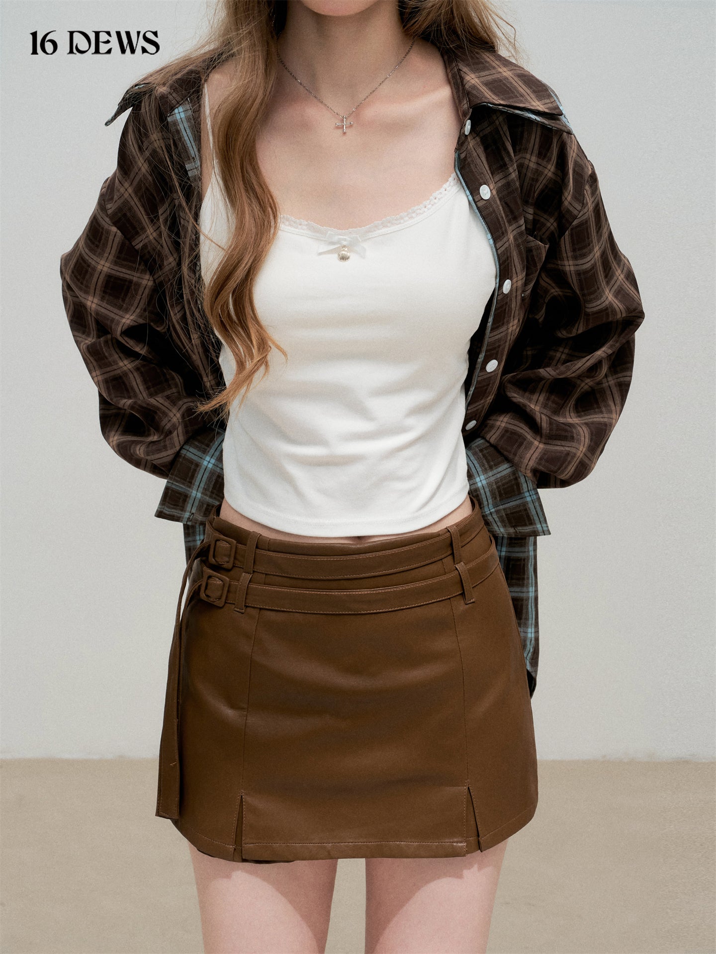 16DEWS 16D25336&16D25337 Plaid fake two-piece contrasting color spliced shirt + skirt set