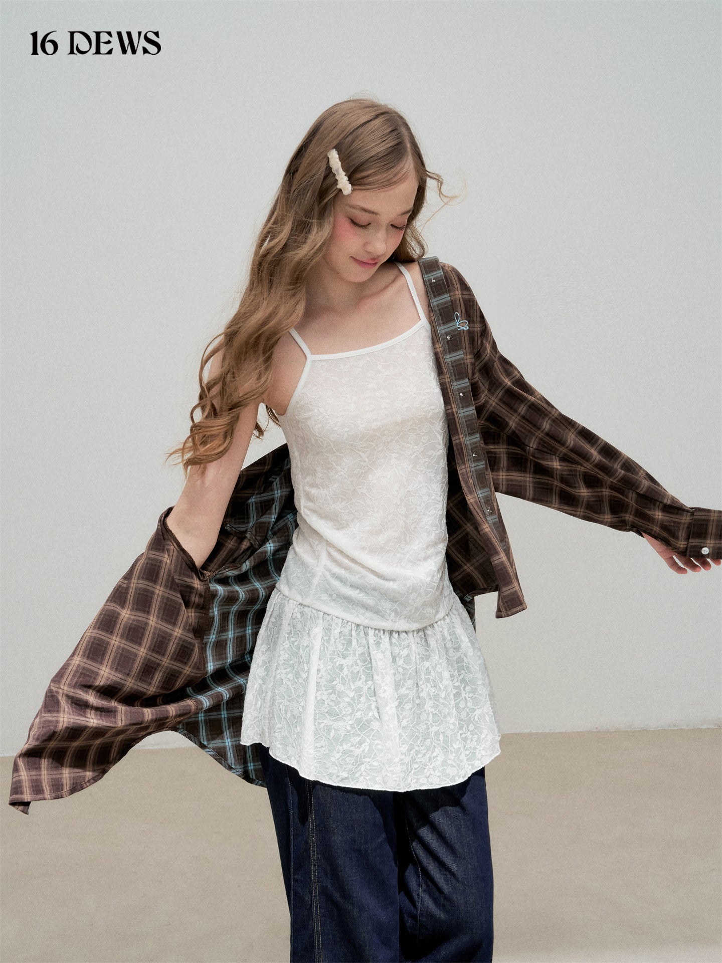 16DEWS 16D25336&16D25337 Plaid fake two-piece contrasting color spliced shirt + skirt set
