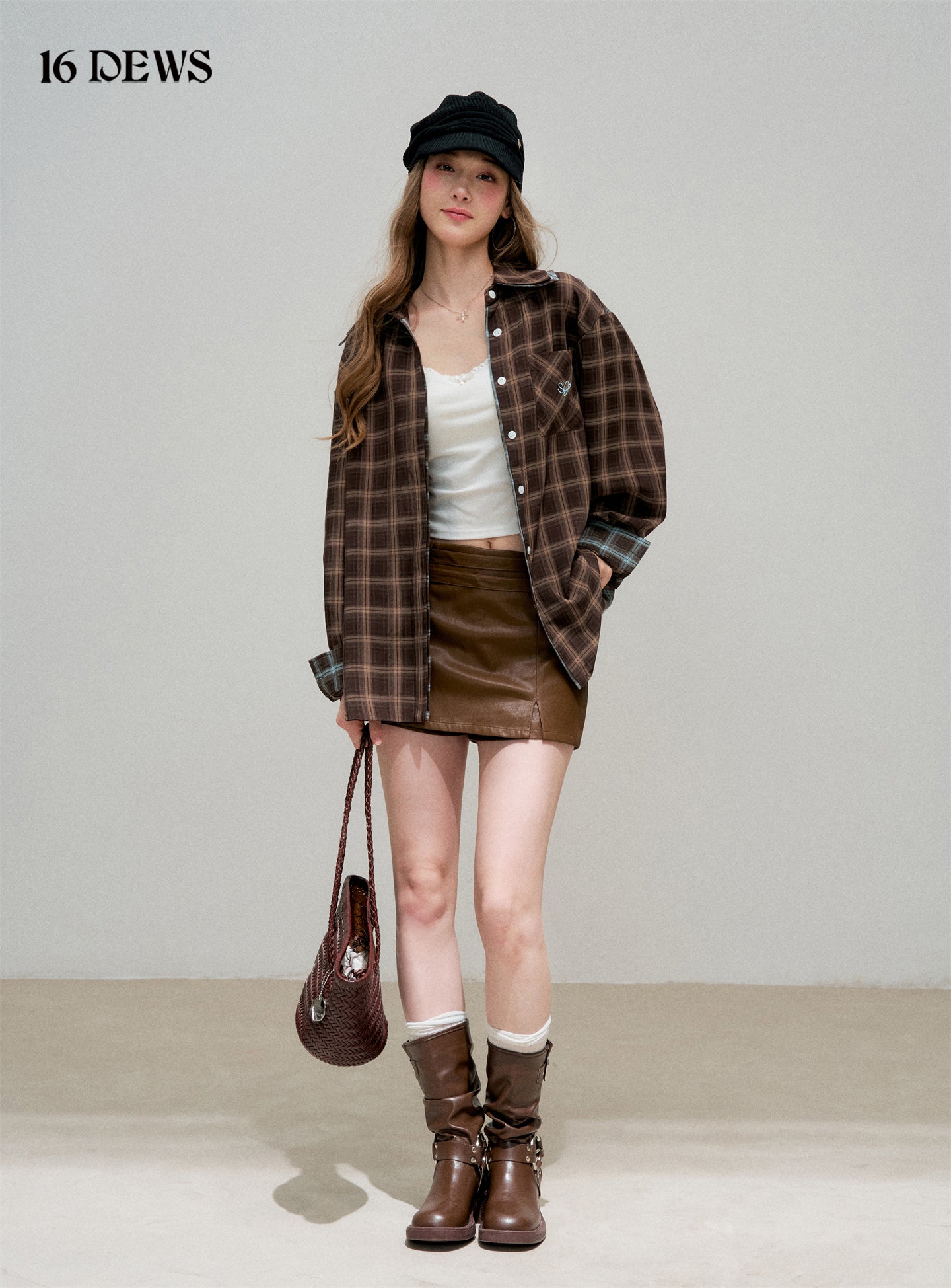 16DEWS 16D25336&16D25337 Plaid fake two-piece contrasting color spliced shirt + skirt set