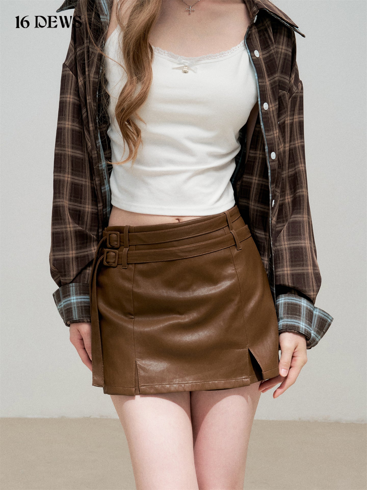 16DEWS 16D25336&16D25337 Plaid fake two-piece contrasting color spliced shirt + skirt set