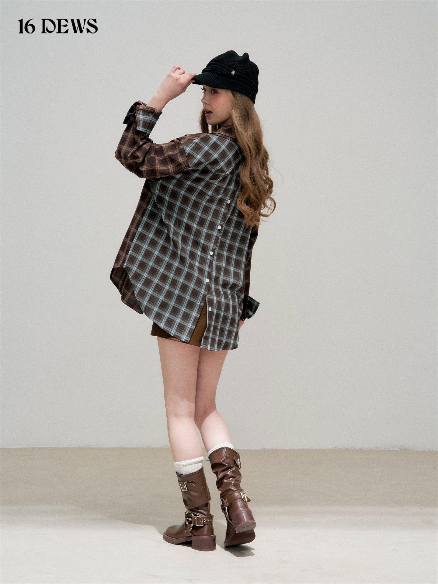 16DEWS 16D25336&16D25337 Plaid fake two-piece contrasting color spliced shirt + skirt set