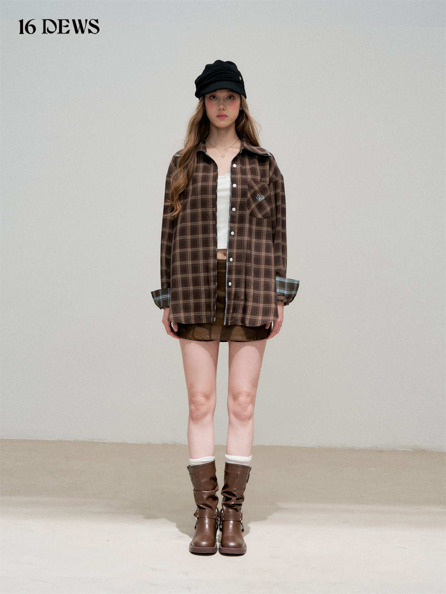 16DEWS 16D25336&16D25337 Plaid fake two-piece contrasting color spliced shirt + skirt set
