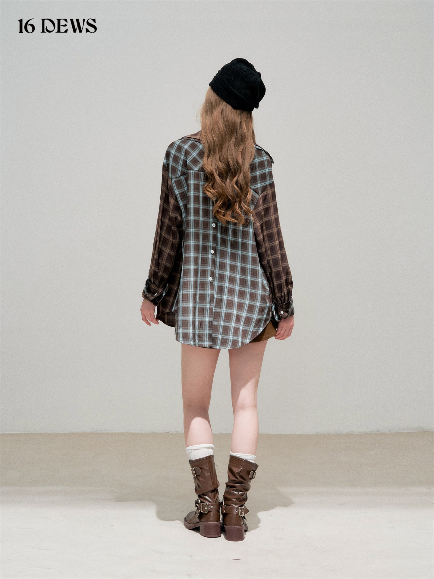 16DEWS 16D25336&16D25337 Plaid fake two-piece contrasting color spliced shirt + skirt set