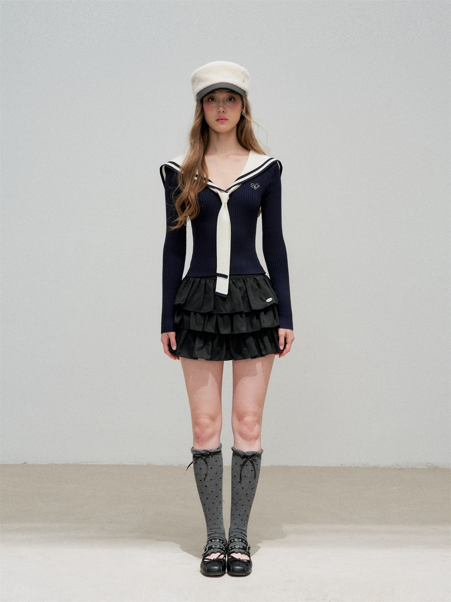 16DEWS 16D25339 Navy collar slim fit long sleeved knitted top (with ribbon)