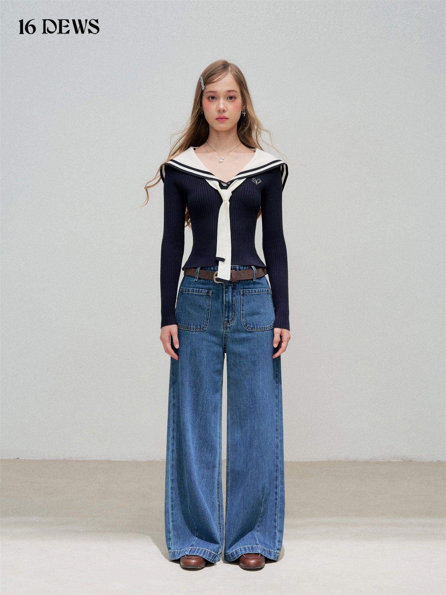 16DEWS 16D25339 Navy collar slim fit long sleeved knitted top (with ribbon)