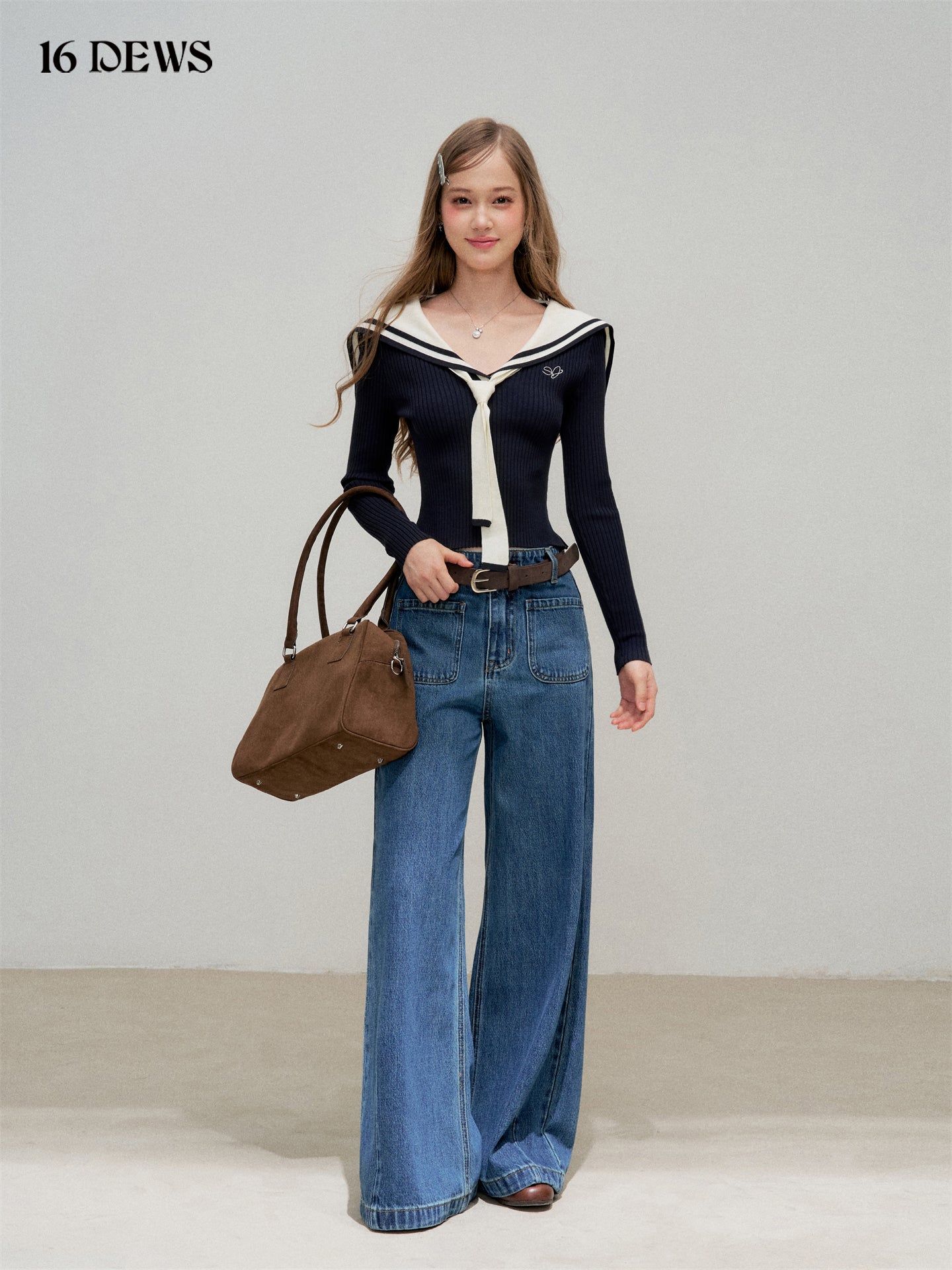 16DEWS 16D25339 Navy collar slim fit long sleeved knitted top (with ribbon)