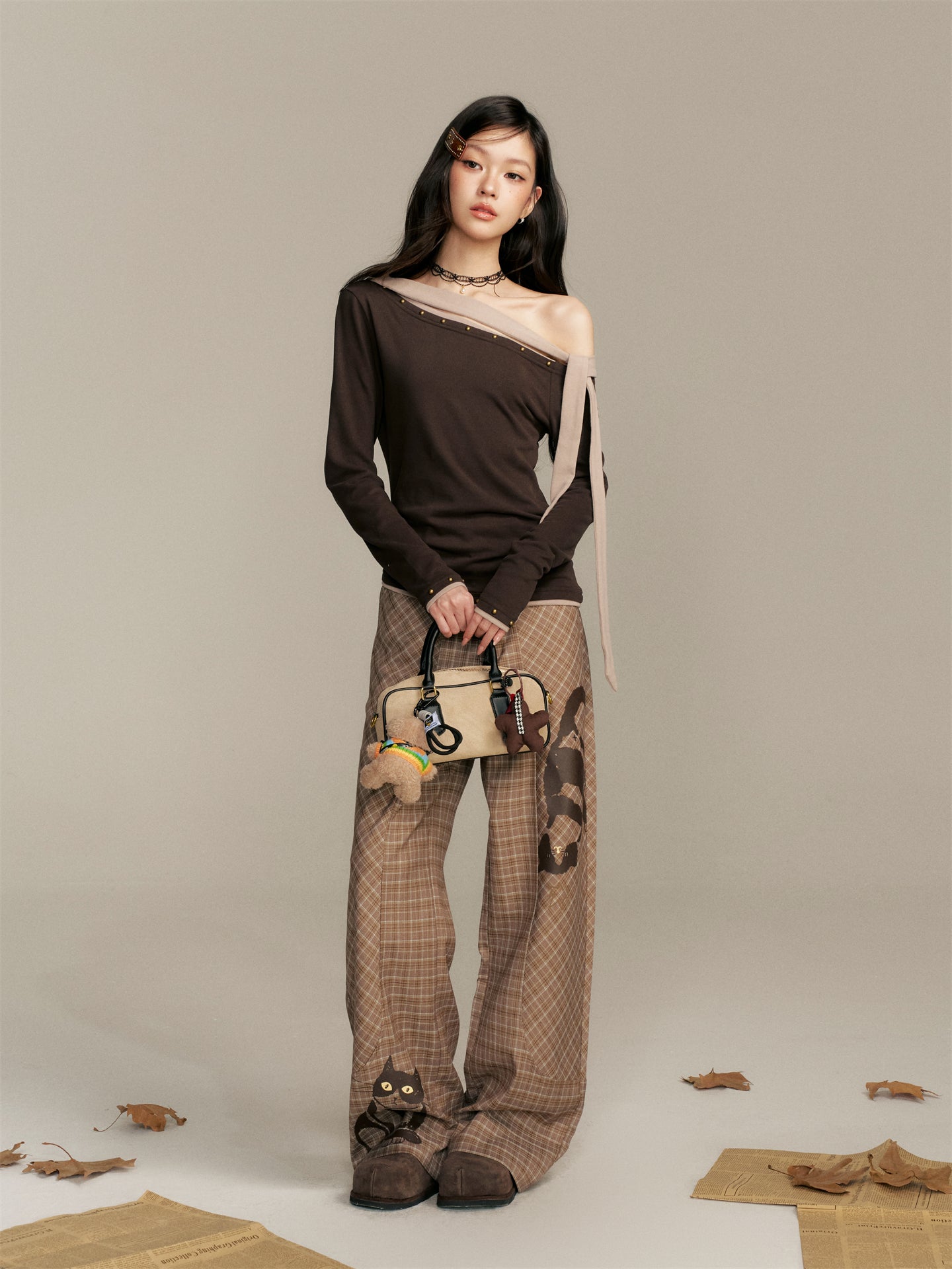 16DEWS 16D25345 Plaid printed high waisted casual pants